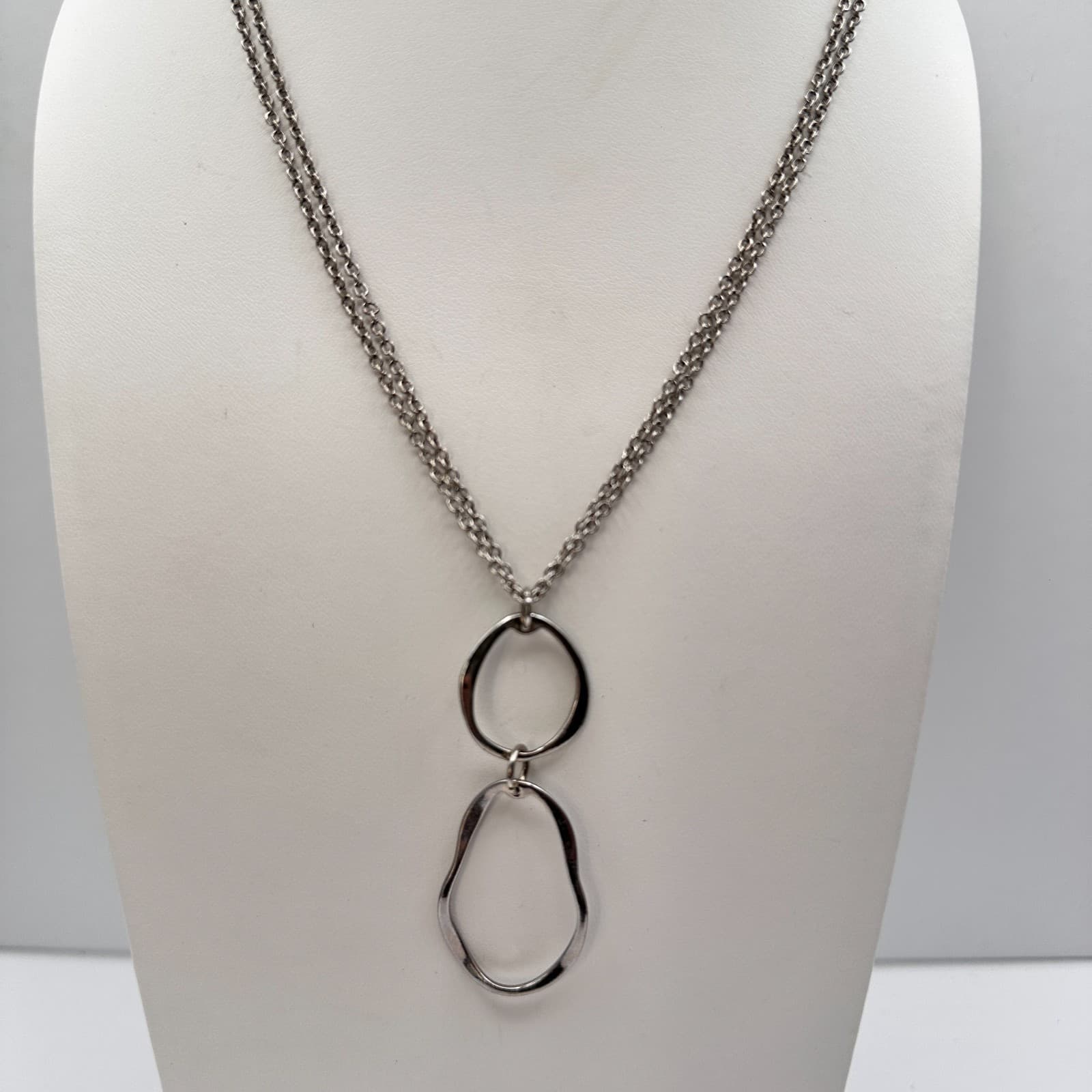 Vintage Y2K Cookie Lee Silver Tone Double Chain Organic Hoop Pendant Necklace - Thumbnail 11