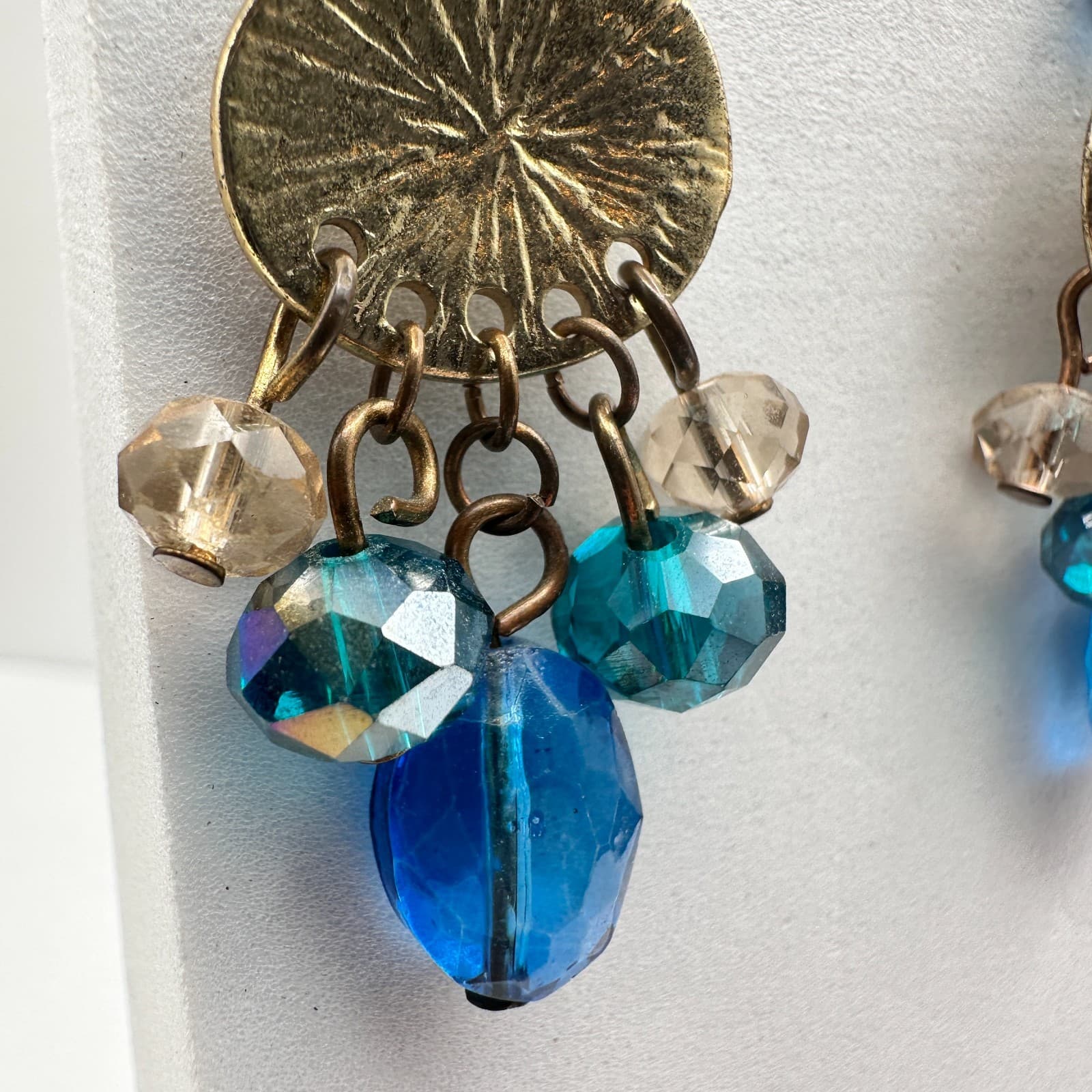 Vintage 90s Blue Glass Gold Tone Drop Earrings Textured Disc Dangle Pair Boho - Thumbnail 4