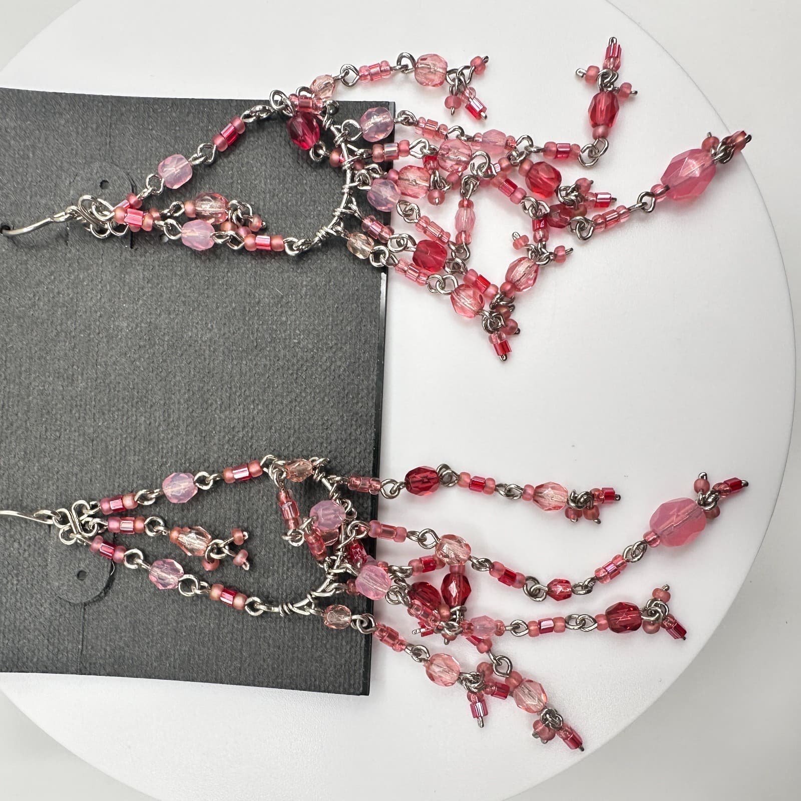 Vintage 80s Silver Tone Pink Red Glass Bead Chandelier Dangle Earrings Jewelry - Thumbnail 11