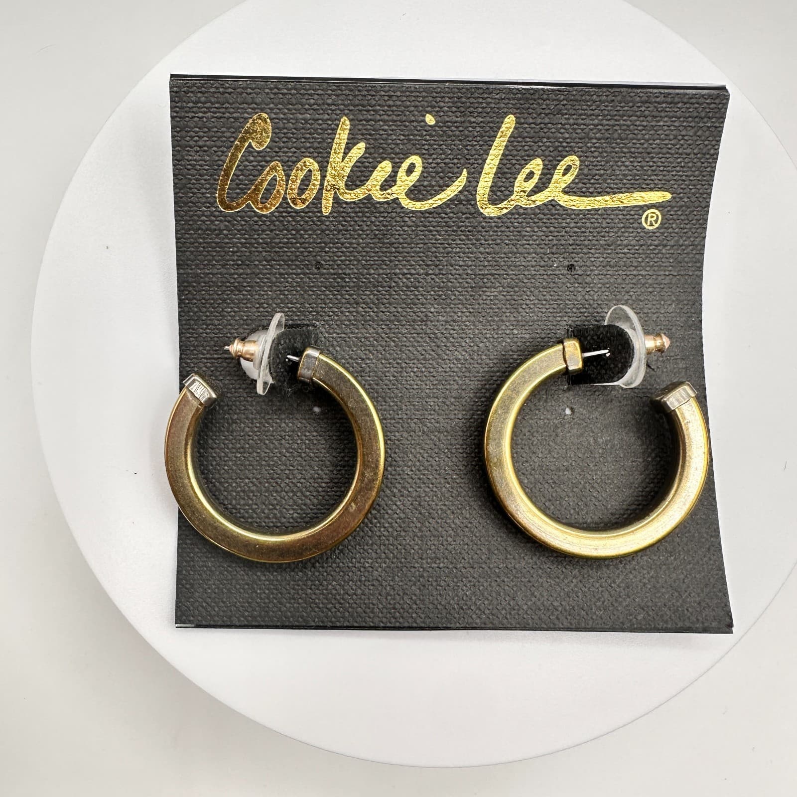 Vintage 80s Cookie Le Gold Tone Two-Tone Silver Trim Chunky Post Earring Jewelry - Thumbnail 9