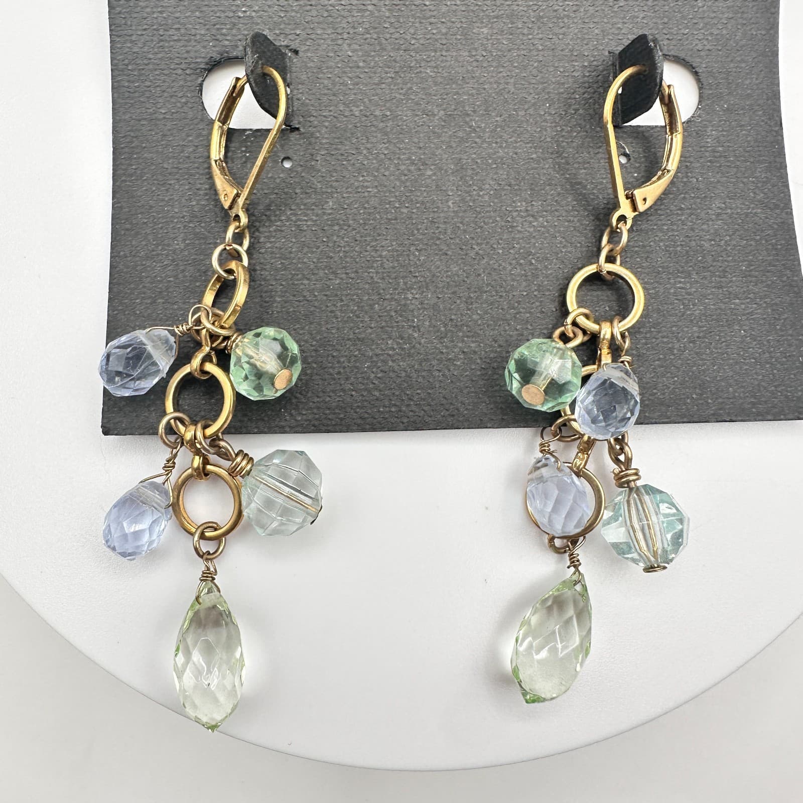 Vintage 90s Gold Tone Blue Green Glass Chandelier Dangle Earring Jewelry - Thumbnail 2