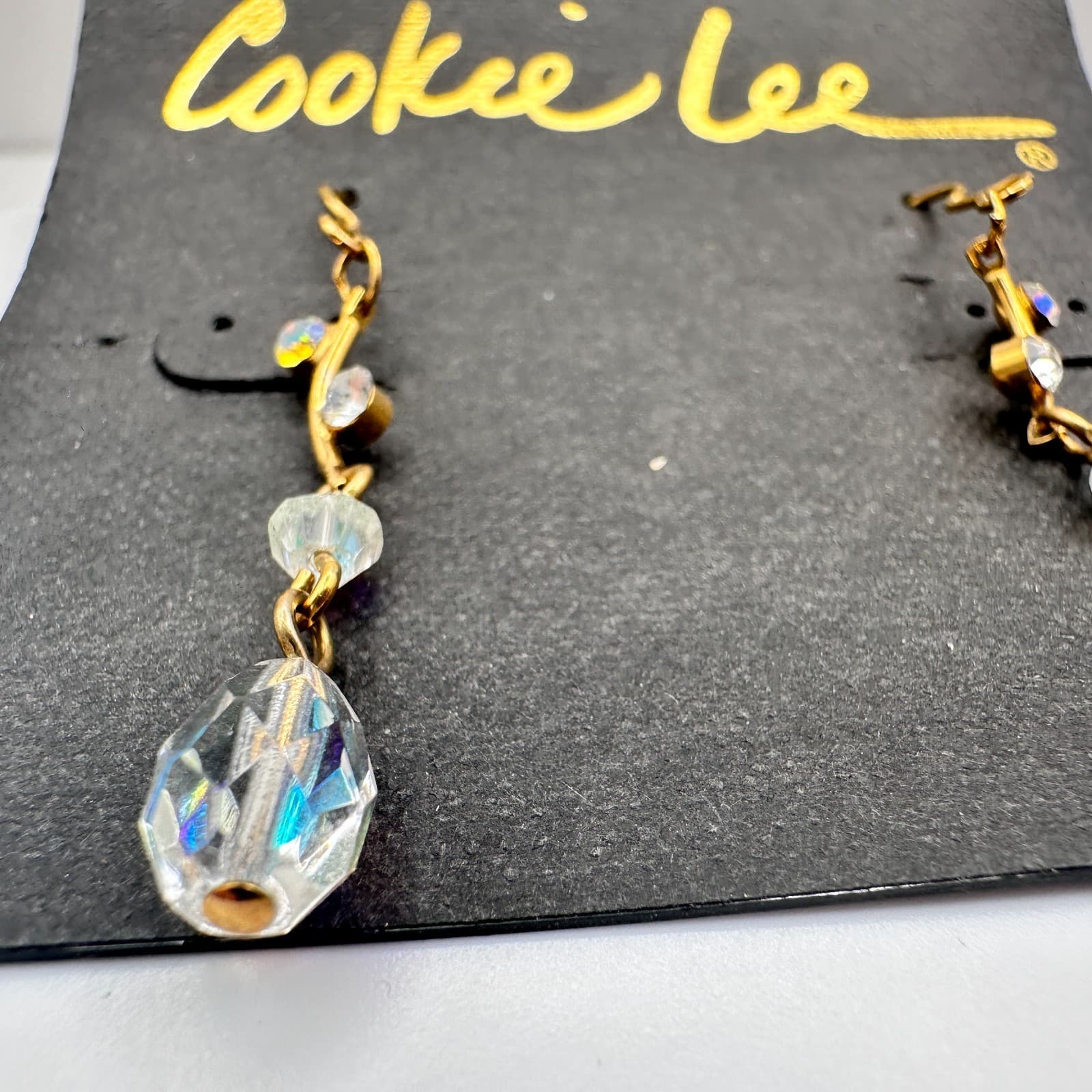 Vintage 90s Cookie Lee Gold Tone Clear Teardrop Dangle Earrings Jewelry - Thumbnail 6