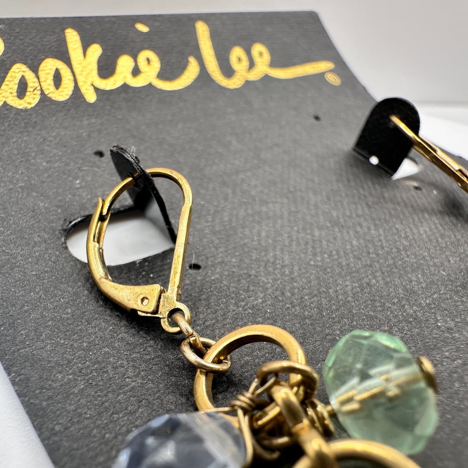 Vintage 90s Gold Tone Blue Green Glass Chandelier Dangle Earring Jewelry - Thumbnail 12