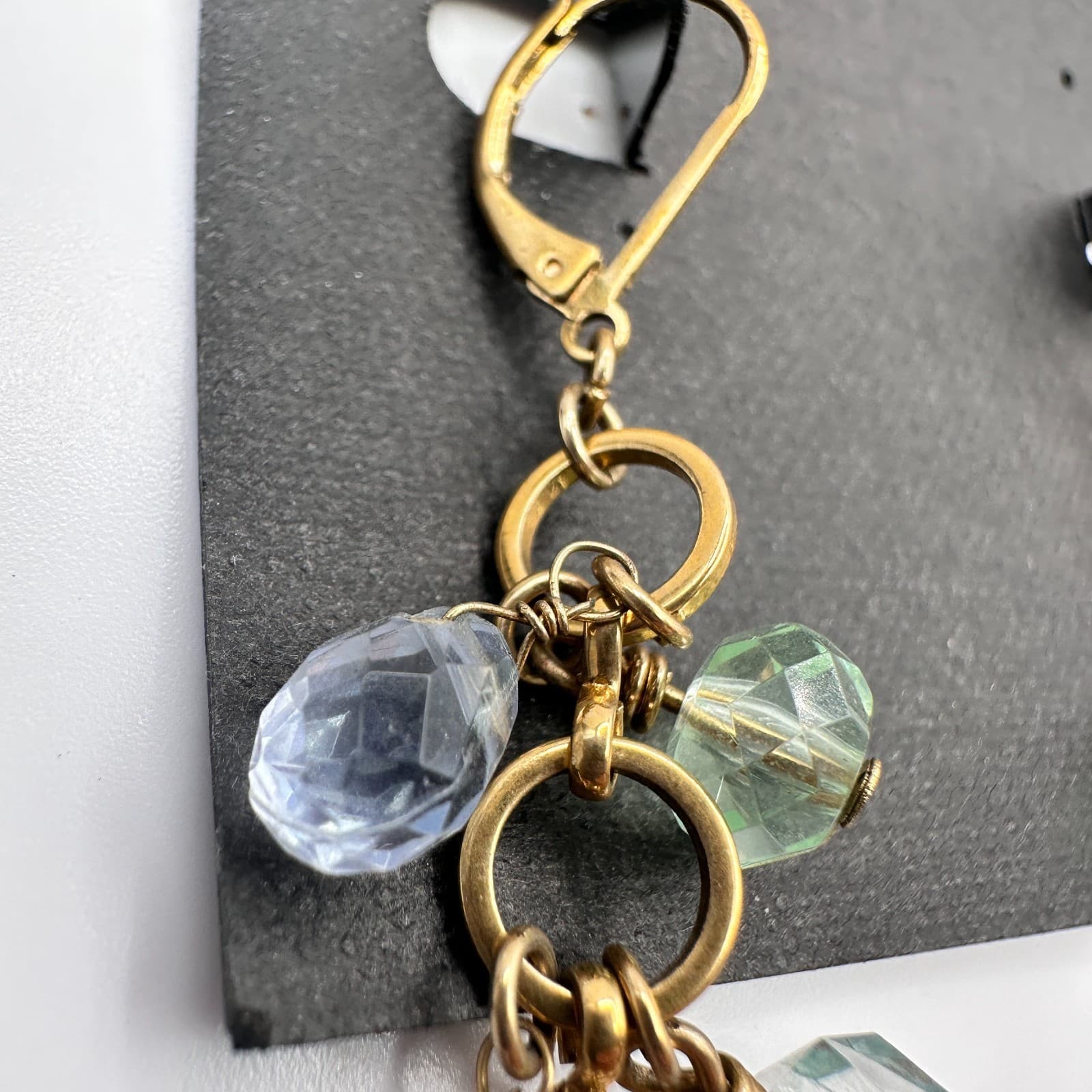 Vintage 90s Gold Tone Blue Green Glass Chandelier Dangle Earring Jewelry - Thumbnail 6