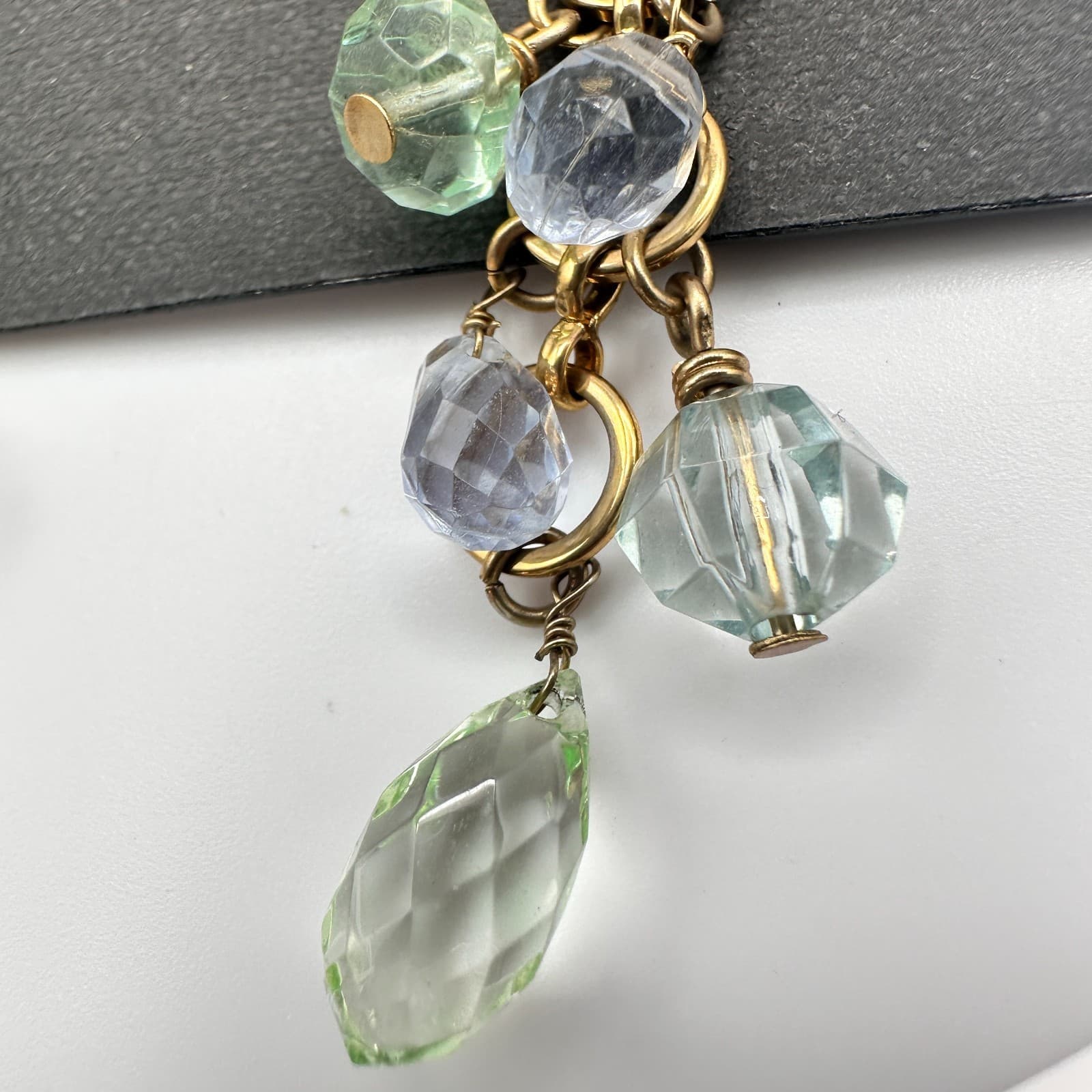 Vintage 90s Gold Tone Blue Green Glass Chandelier Dangle Earring Jewelry - Thumbnail 8