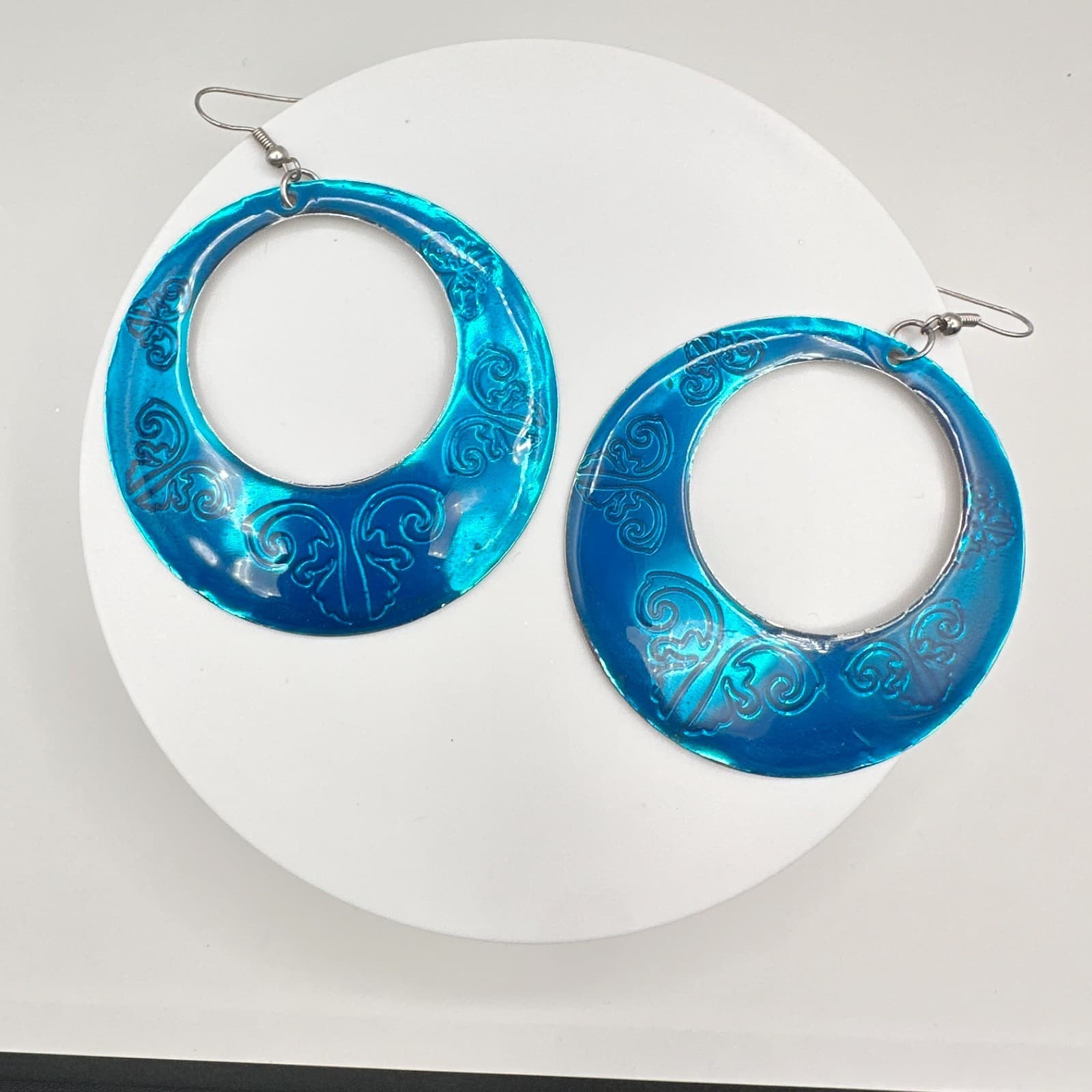 Vintage 90s Teal Blue Enamel Hoop Earrings Silver Tone Large Boho Scroll Etched - Image 1