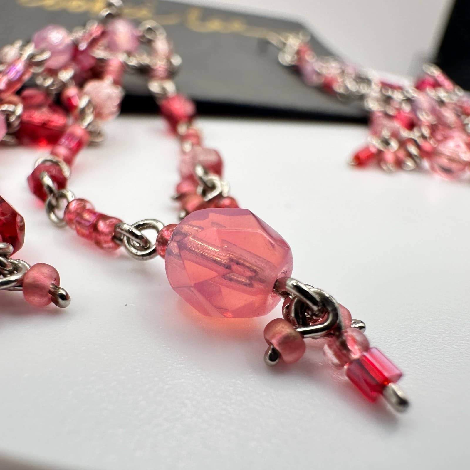 Vintage 80s Silver Tone Pink Red Glass Bead Chandelier Dangle Earrings Jewelry - Thumbnail 6