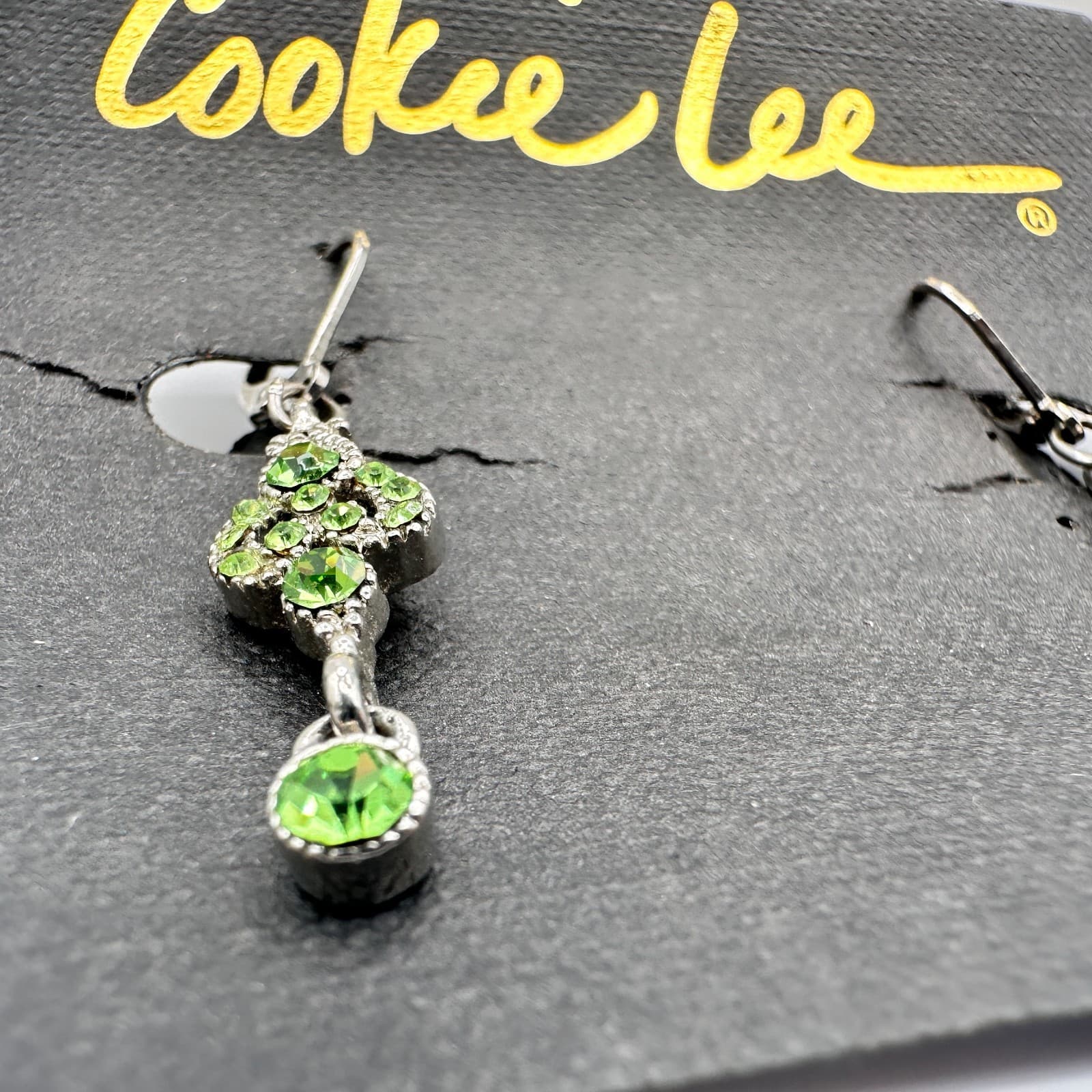 Vintage 90s Cookie Lee Silver Tone Light Green Rhinestone Dangle Earring Jewelry - Thumbnail 6