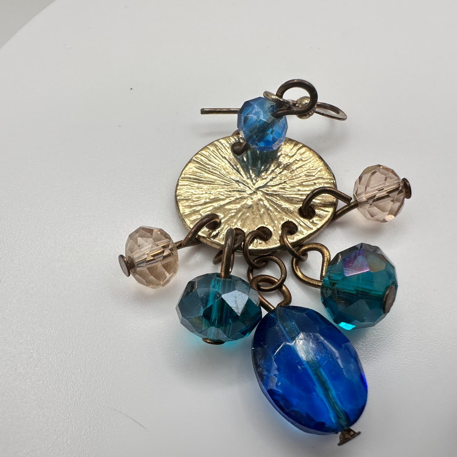 Vintage 90s Blue Glass Gold Tone Drop Earrings Textured Disc Dangle Pair Boho - Thumbnail 14