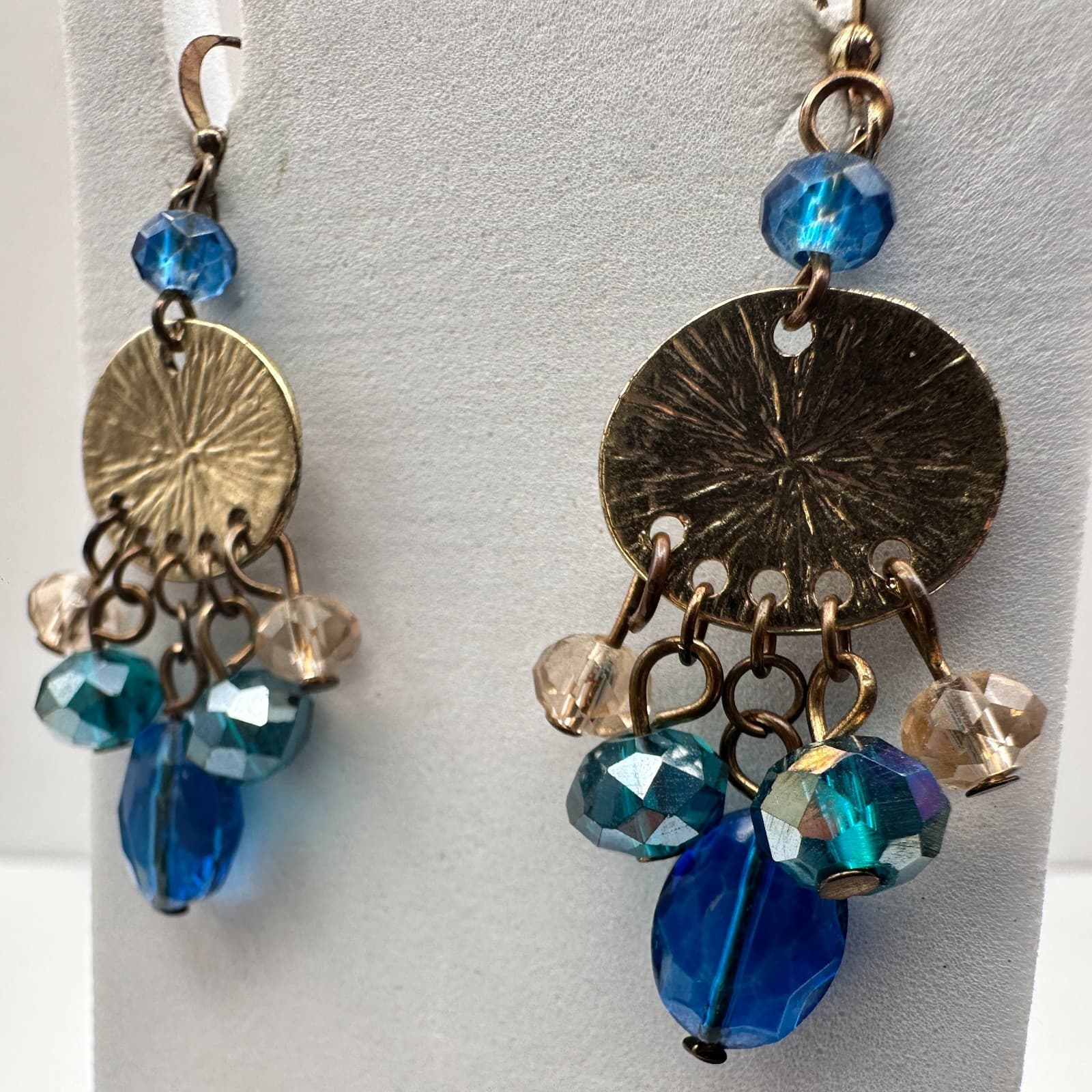 Vintage 90s Blue Glass Gold Tone Drop Earrings Textured Disc Dangle Pair Boho - Thumbnail 8