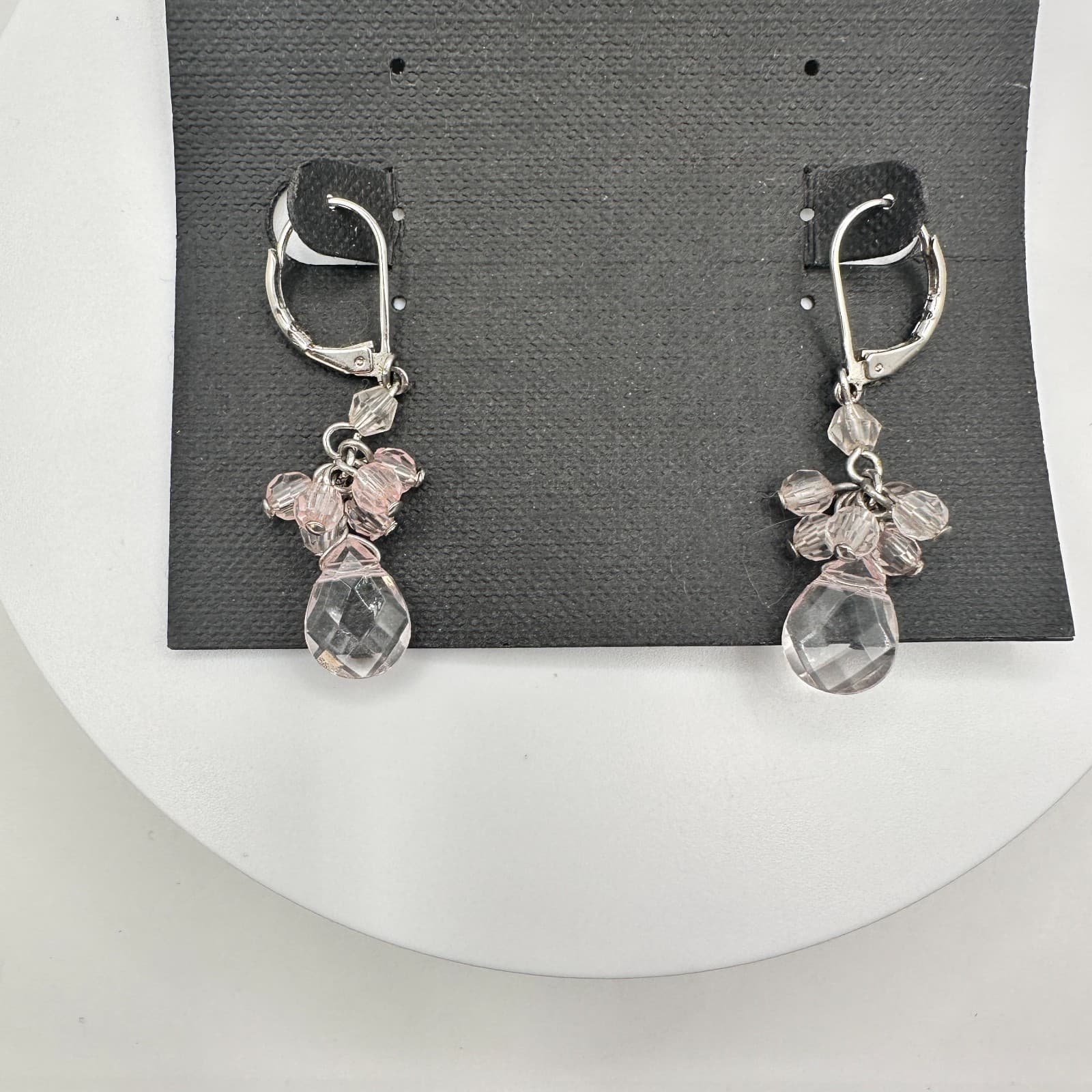 Vintage 90s Silver Tone Pink Bead Teardrop Chandelier Earrings Womens Jewelry - Image 1