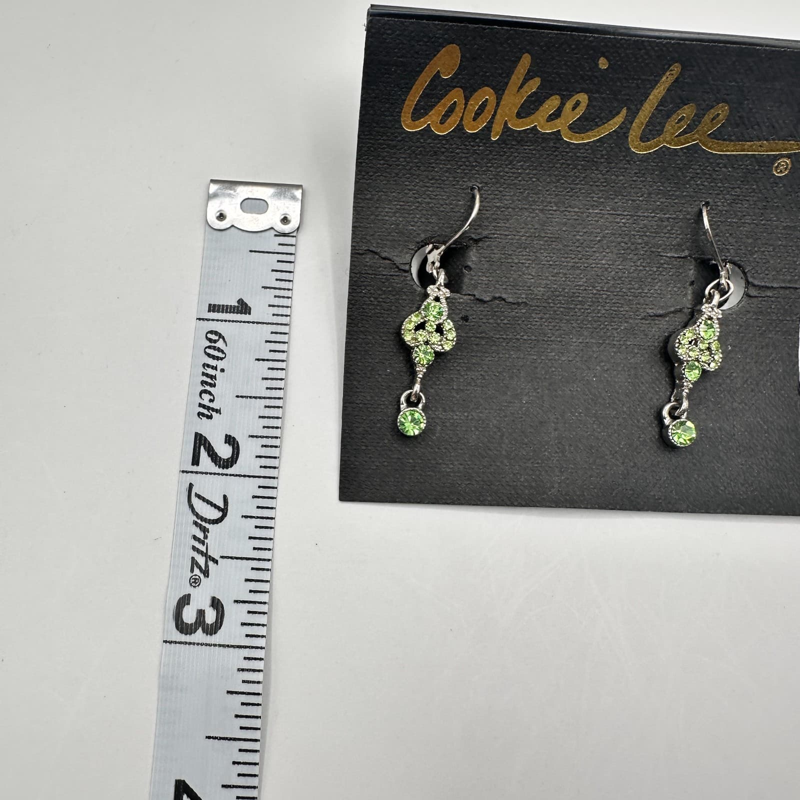 Vintage 90s Cookie Lee Silver Tone Light Green Rhinestone Dangle Earring Jewelry - Thumbnail 10