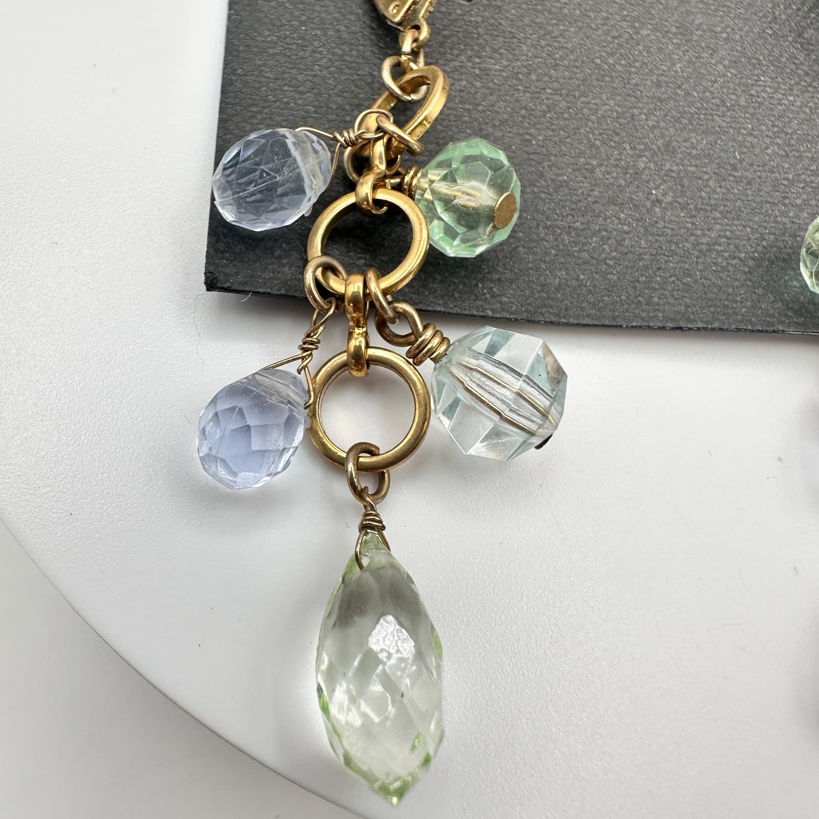 Vintage 90s Gold Tone Blue Green Glass Chandelier Dangle Earring Jewelry - Thumbnail 3