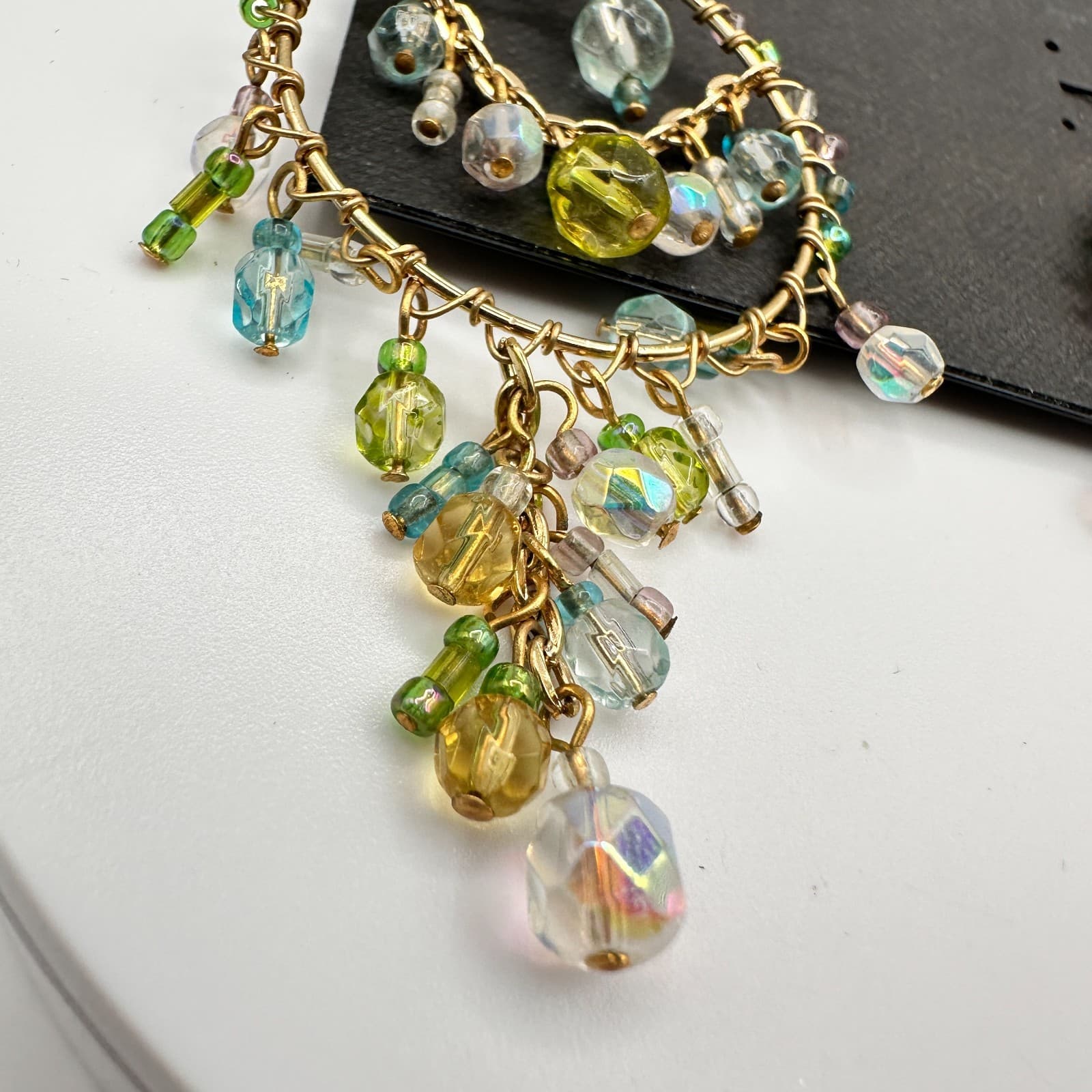 Vintage 80s Cookie Lee Gold Tone Blue Green Chandelier Earrings Jewelry - Thumbnail 3