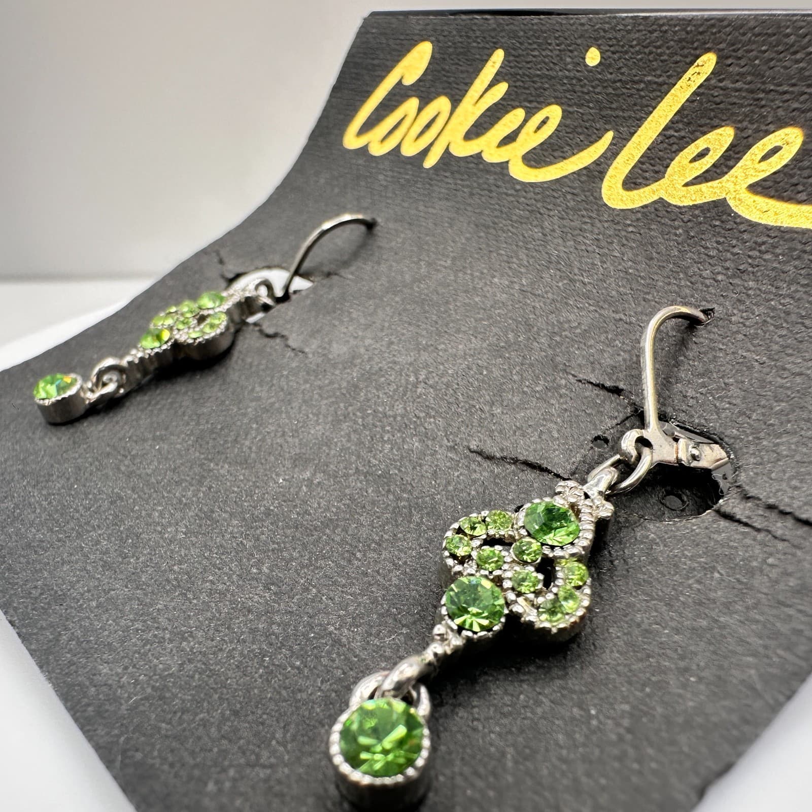 Vintage 90s Cookie Lee Silver Tone Light Green Rhinestone Dangle Earring Jewelry - Thumbnail 7