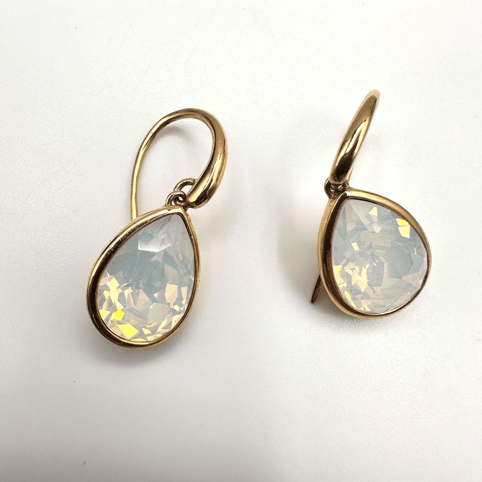 Vintage 90s Gold Tone Pear White Opal Glass Drop Earrings Dangle Minimalist - Image 1