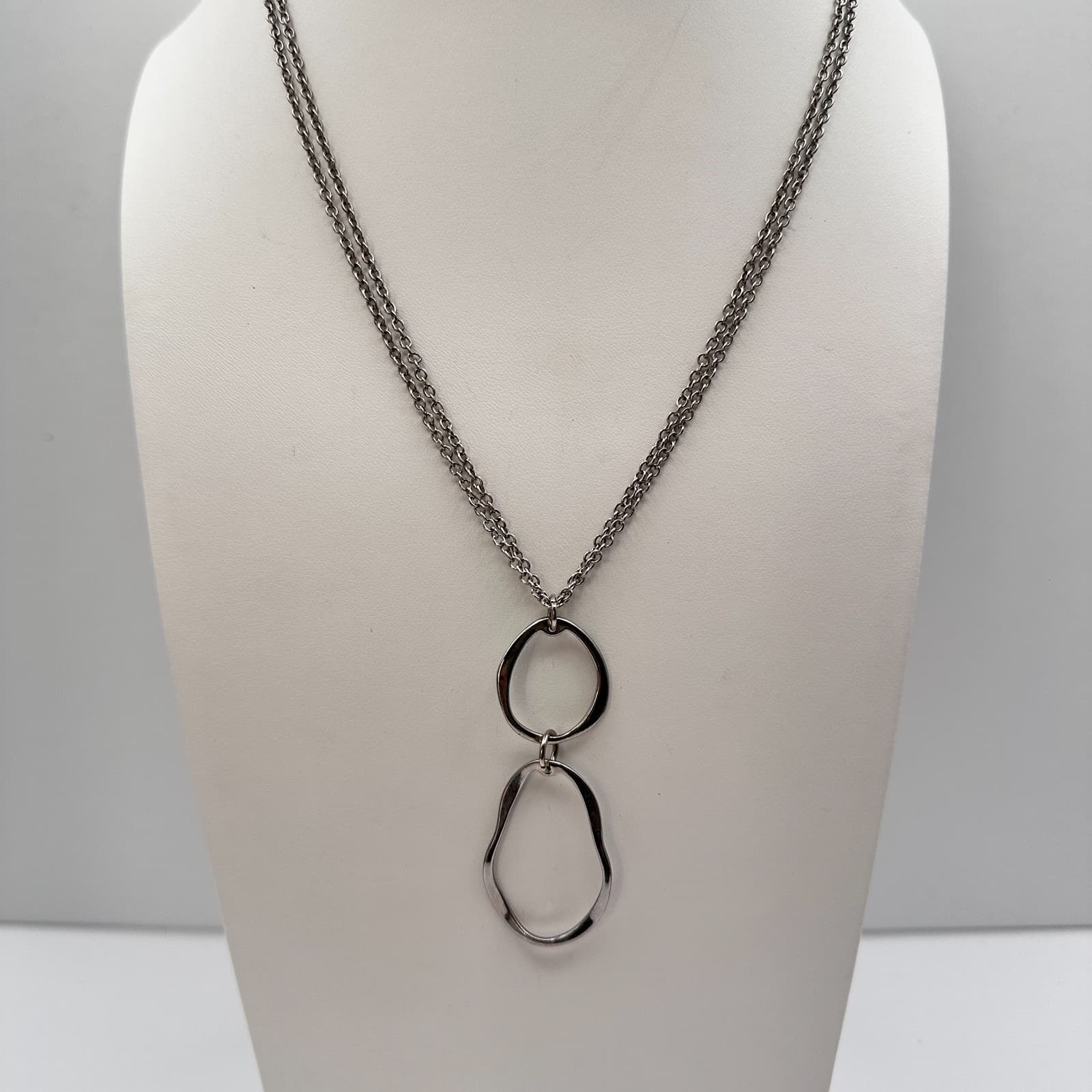 Vintage Y2K Cookie Lee Silver Tone Double Chain Organic Hoop Pendant Necklace - Thumbnail 10