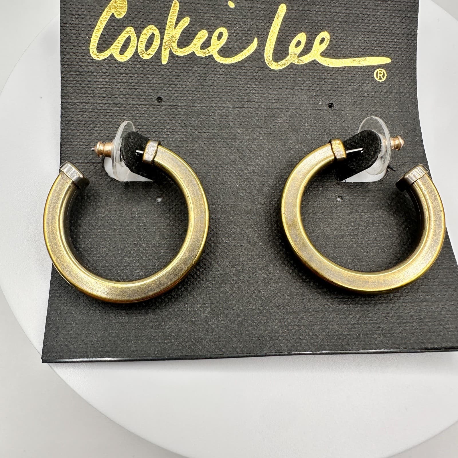 Vintage 80s Cookie Le Gold Tone Two-Tone Silver Trim Chunky Post Earring Jewelry - Thumbnail 2