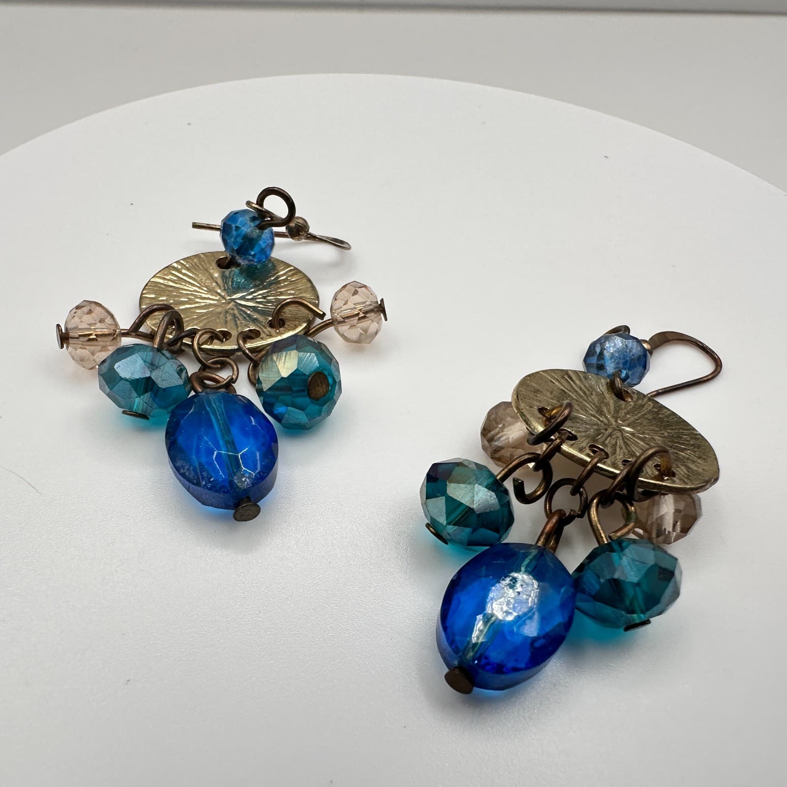 Vintage 90s Blue Glass Gold Tone Drop Earrings Textured Disc Dangle Pair Boho - Thumbnail 11