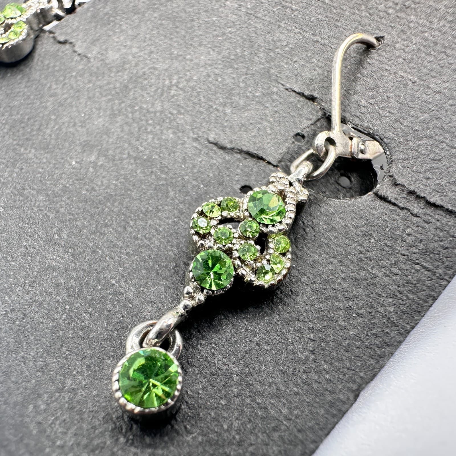 Vintage 90s Cookie Lee Silver Tone Light Green Rhinestone Dangle Earring Jewelry - Thumbnail 9