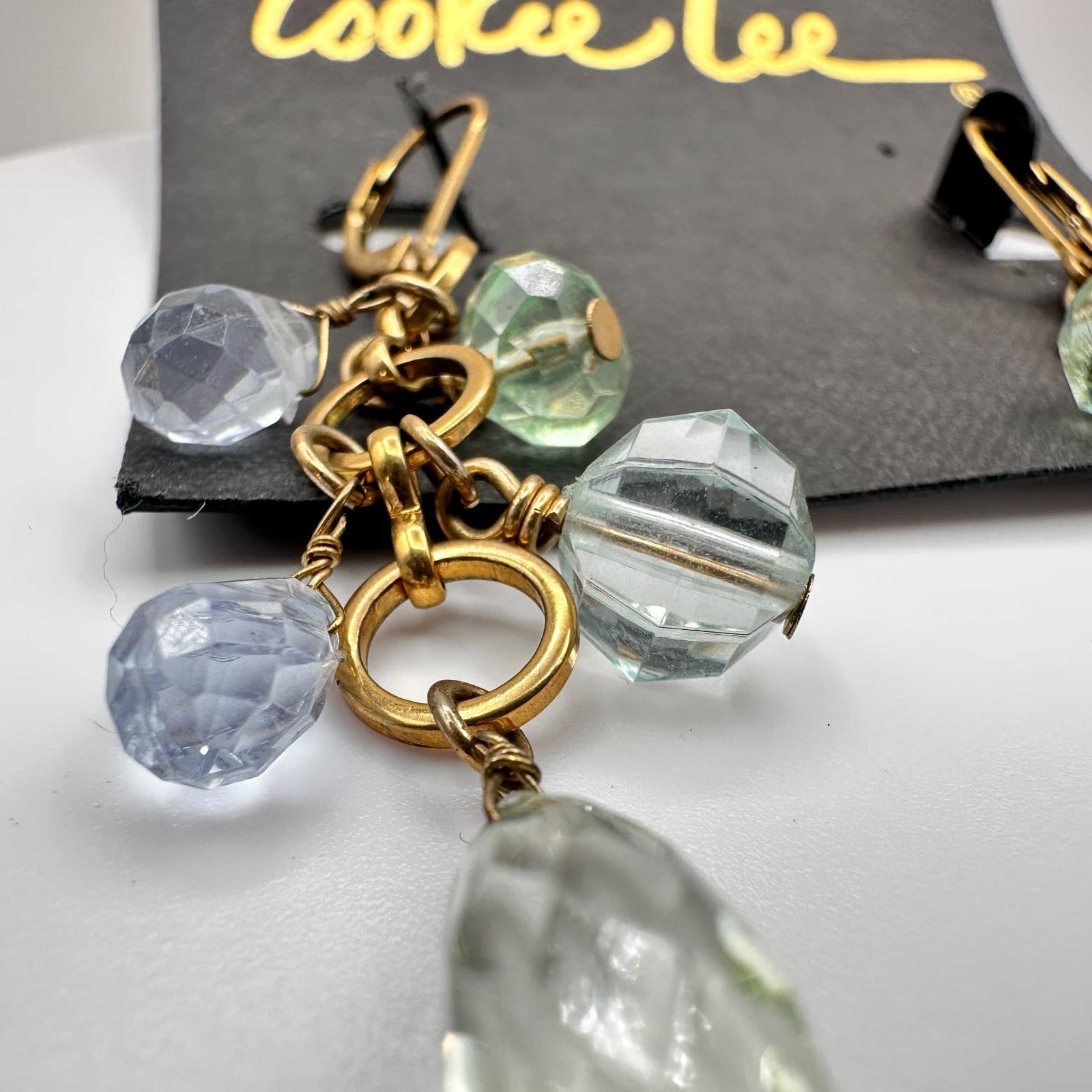 Vintage 90s Gold Tone Blue Green Glass Chandelier Dangle Earring Jewelry - Thumbnail 11