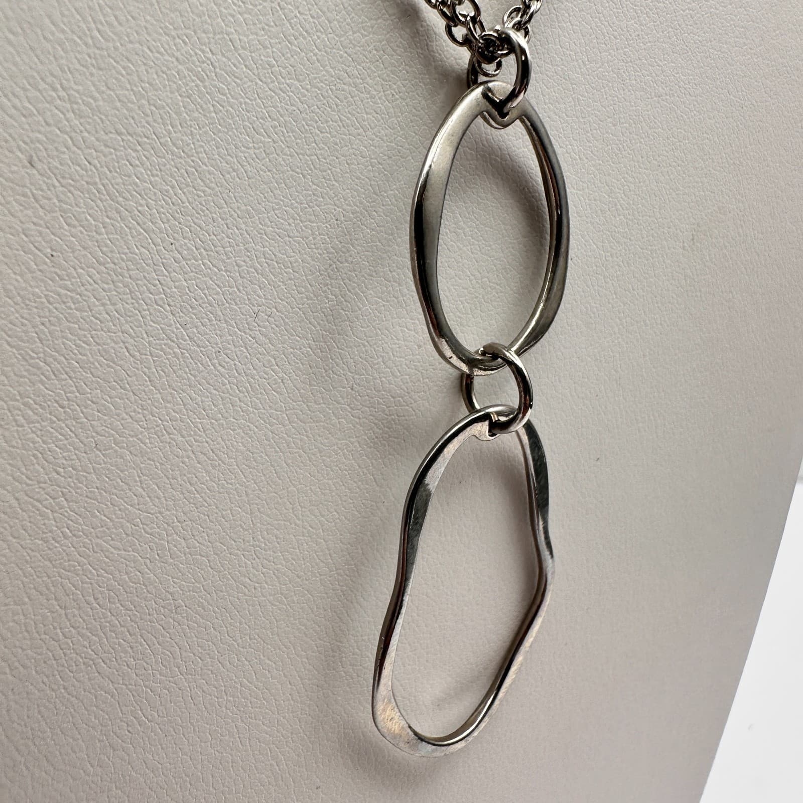 Vintage Y2K Cookie Lee Silver Tone Double Chain Organic Hoop Pendant Necklace - Thumbnail 3