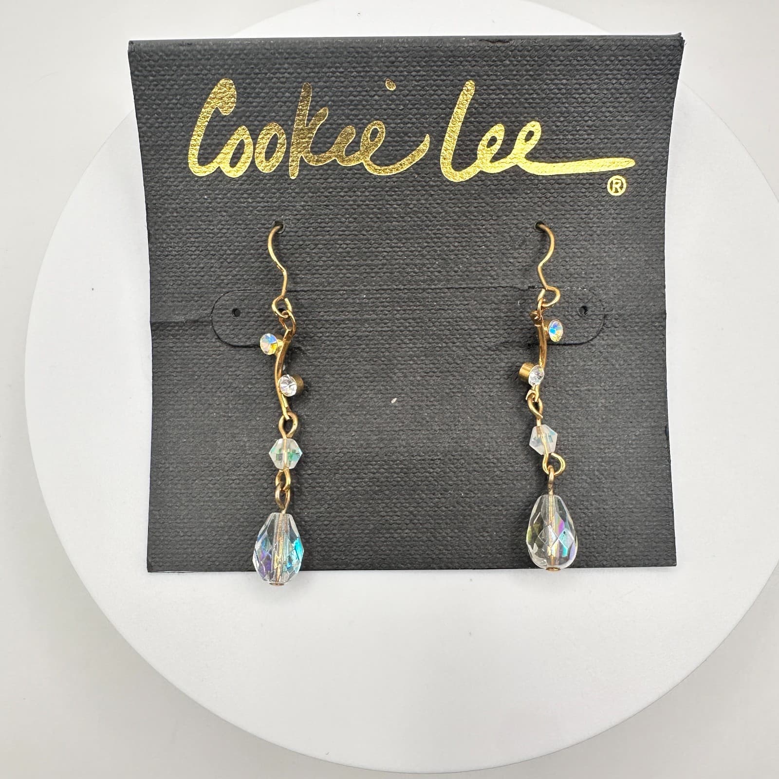 Vintage 90s Cookie Lee Gold Tone Clear Teardrop Dangle Earrings Jewelry - Image 1
