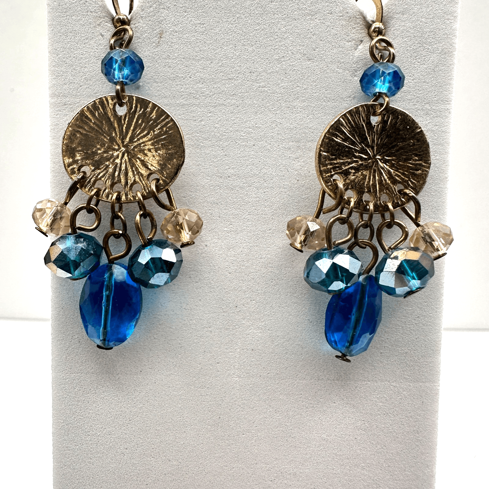 Vintage 90s Blue Glass Gold Tone Drop Earrings Textured Disc Dangle Pair Boho - Image 1