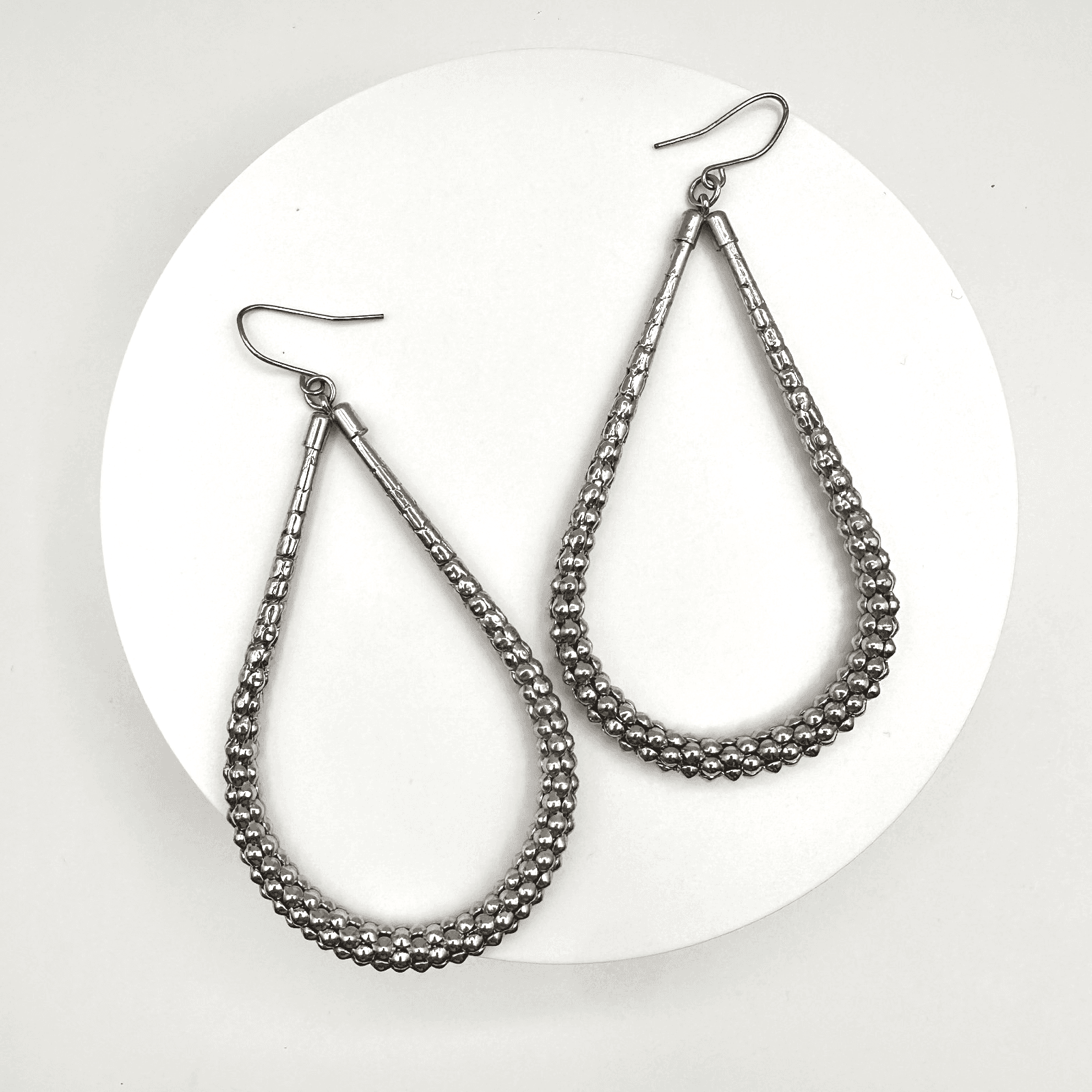 Vintage 90s Silver Tone Teardrop Hoop Earrings Boho Fashion Women's Jewelry - Image 1