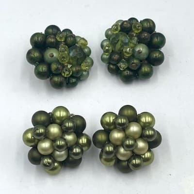 Vintage Clip On Earring Lot Green Faux Pearl Glass Cluster Mid Century Japan 2pc - Image 1