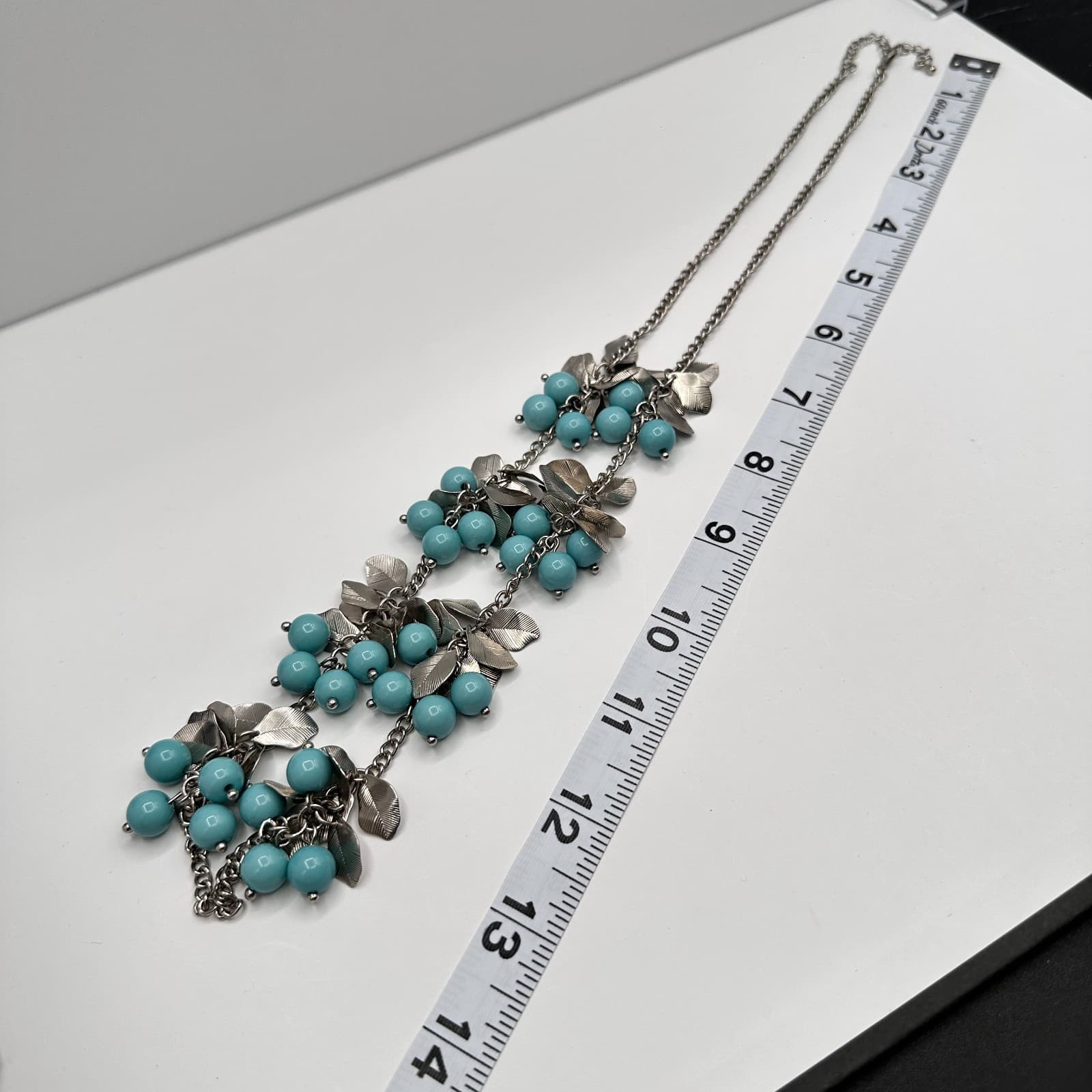 Vintage 90s Silver Tone Blue Turquoise Bead Leaf Cluster Statement Necklace Boho - Thumbnail 12