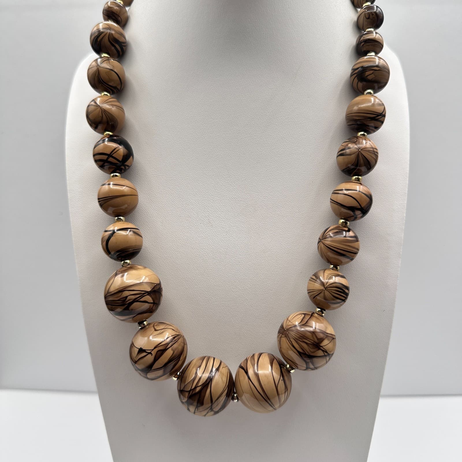 Vintage 80s Marbled Effect Beaded Statement Necklace Gold Tone Spacer Jewelry - Image 1
