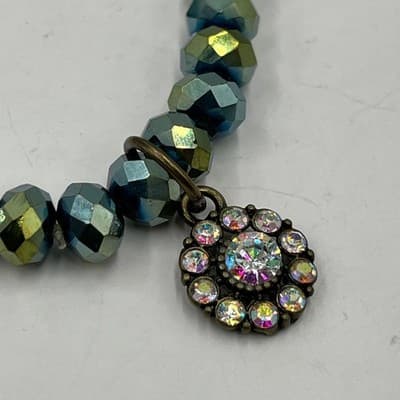 Vintage Iridescent Peacock Beaded Stretch Bracelet Set Teal Green Crystal Charm - Thumbnail 2
