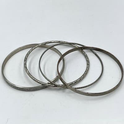 Vintage Stackable Silver-Tone Bangle Bracelets Set 4 Textured Dotted Glimmer - Image 1