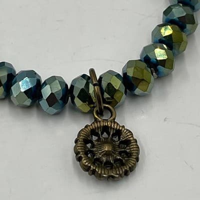 Vintage Iridescent Peacock Beaded Stretch Bracelet Set Teal Green Crystal Charm - Thumbnail 6