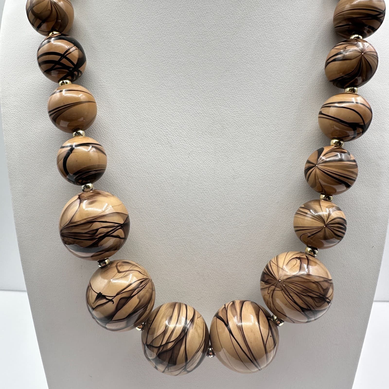 Vintage 80s Marbled Effect Beaded Statement Necklace Gold Tone Spacer Jewelry - Thumbnail 10