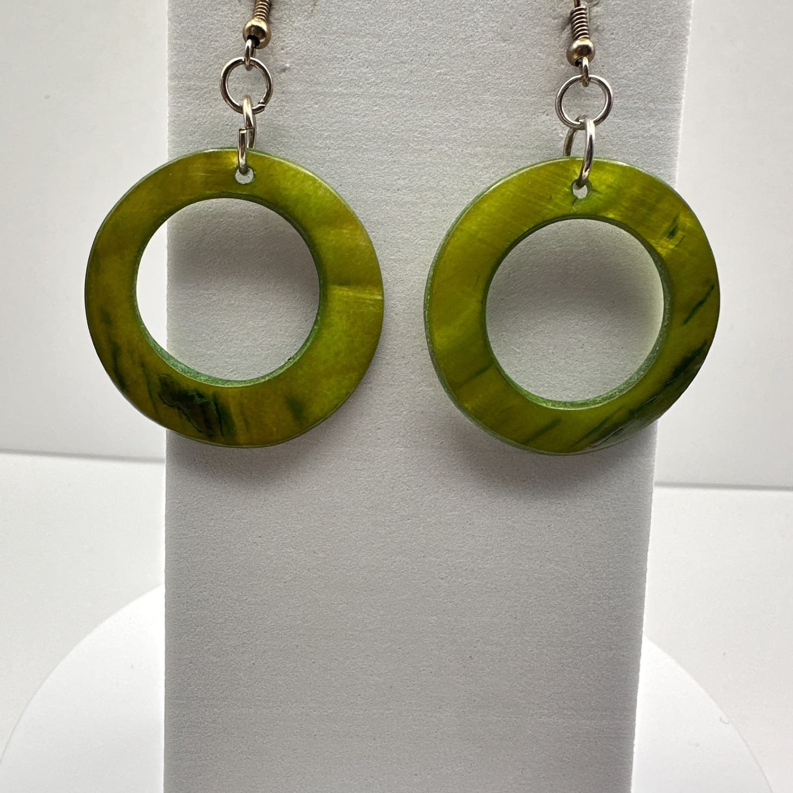 Vintage 90s Lime Green Resin Hoop Drop Earrings Boho Retro Minimalist Jewelry - Image 1