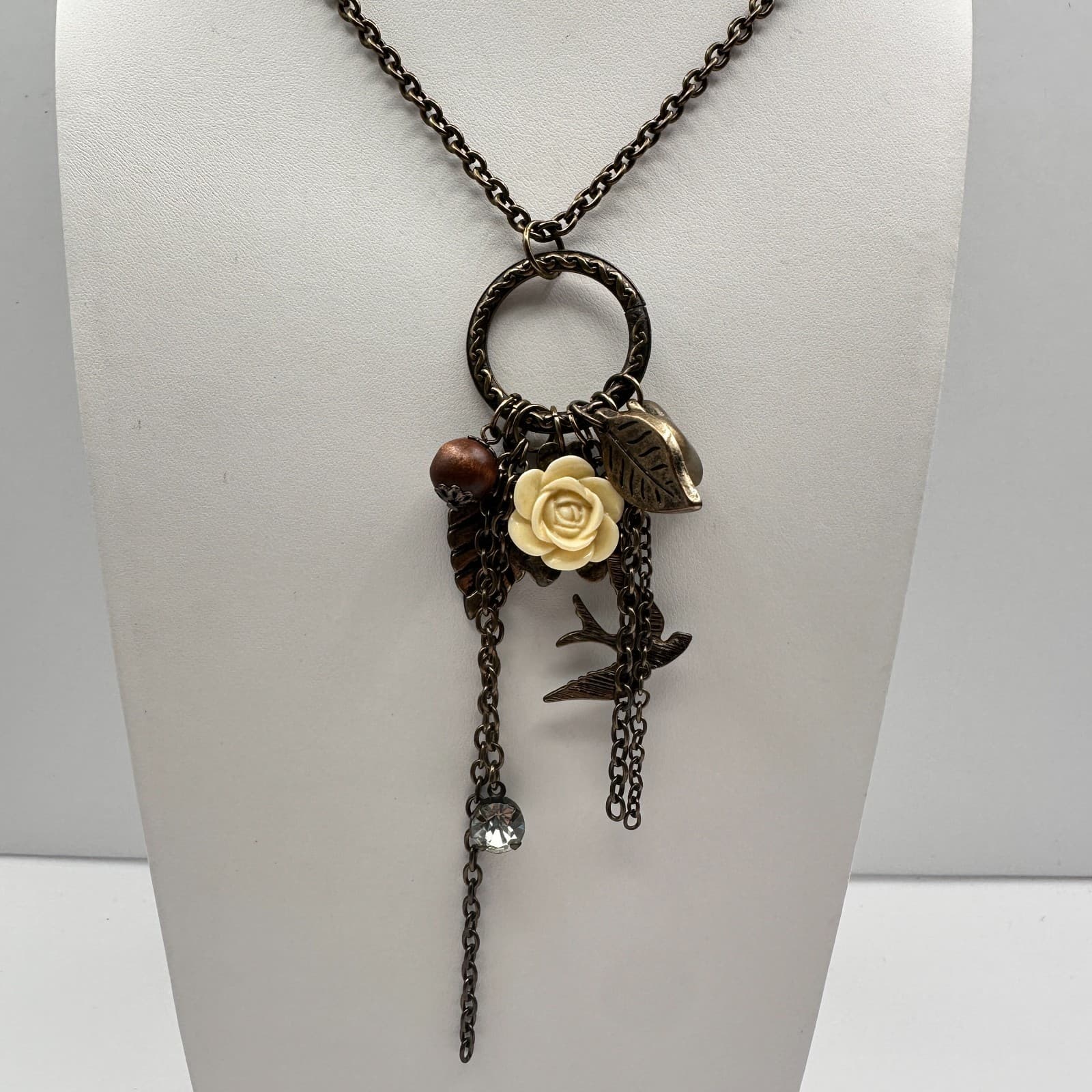 Vintage 90s Nature Charm Bronze Tone Necklace Rose Bird Leaf Boho Statement - Thumbnail 2