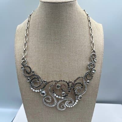 Vintage Lia Sophia Silver Tone Scroll Bib Necklace Crystal Rhinestone Statement - Image 1