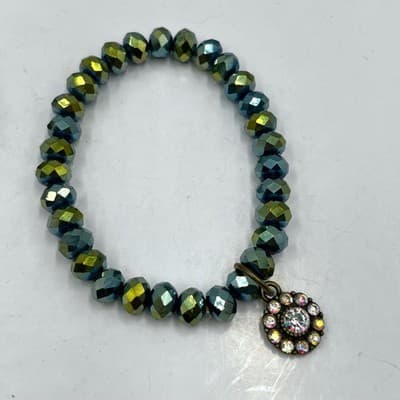 Vintage Iridescent Peacock Beaded Stretch Bracelet Set Teal Green Crystal Charm - Image 1