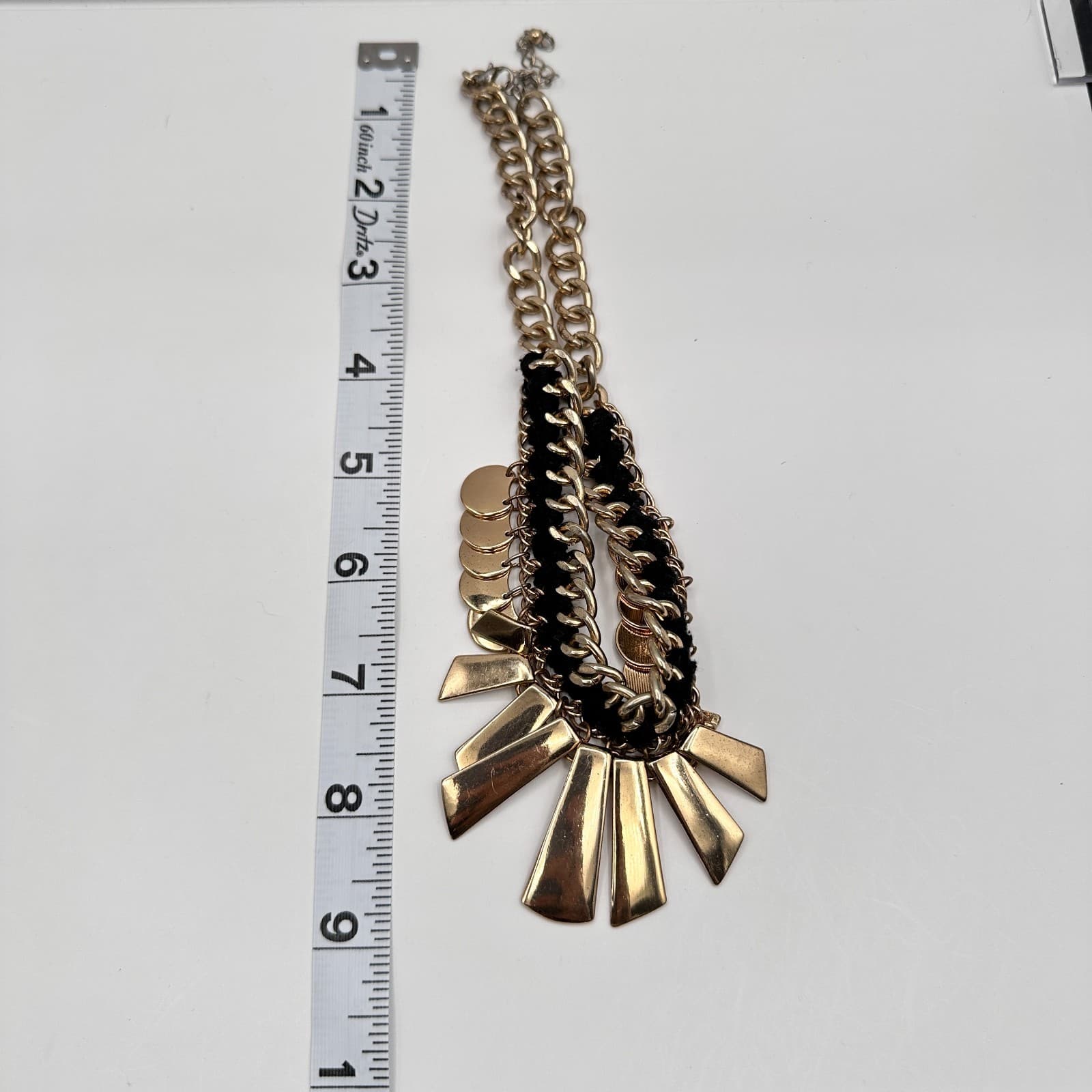 Vintage 90s Lalang Gold Tone Black Rope Chain Fringe Statement Necklace jewelry - Thumbnail 14