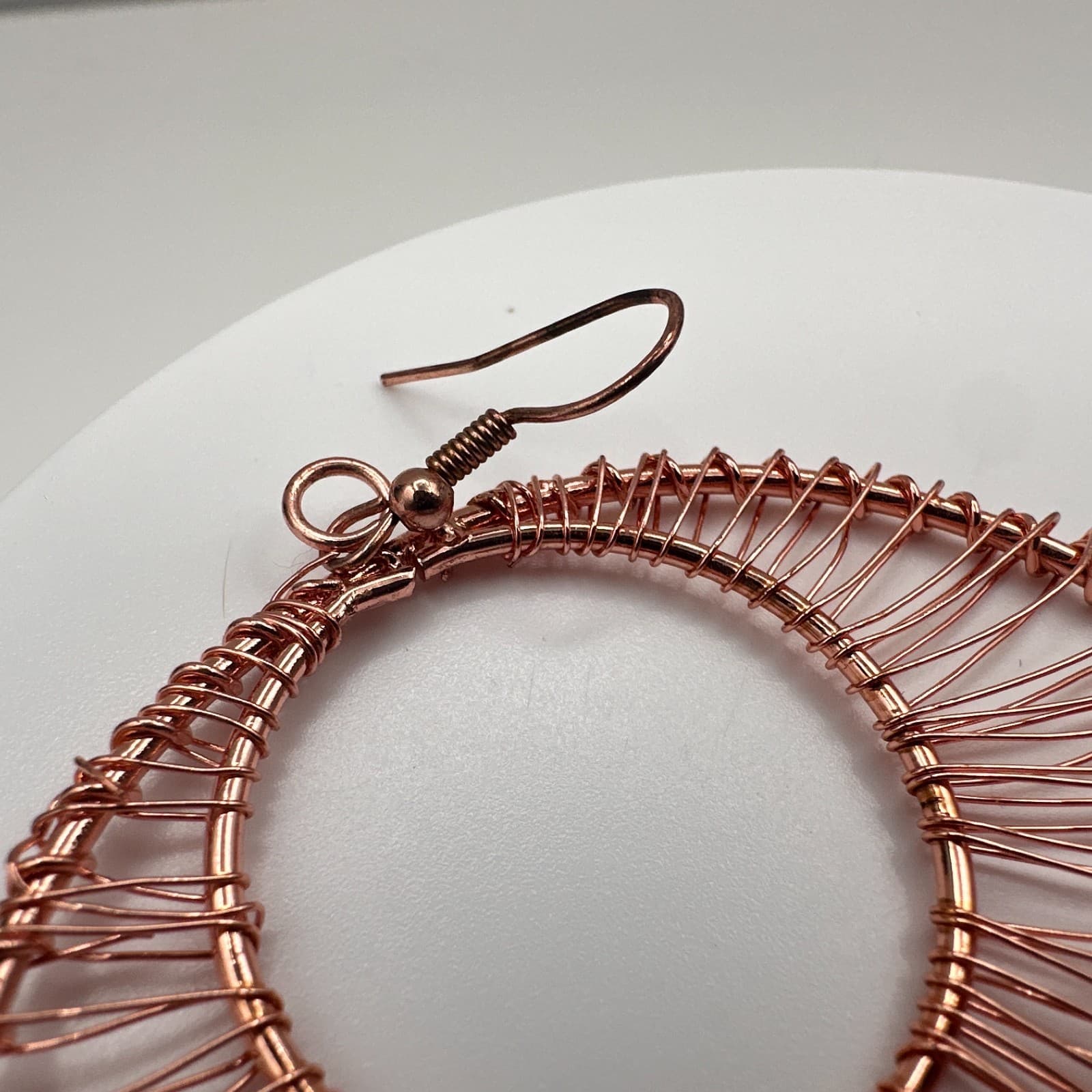 Vintage 90s Rose Gold Tone Wire Wrapped Large Round Hoop Dangle Earrings Boho - Thumbnail 7
