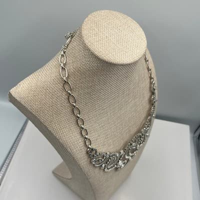 Vintage Lia Sophia Silver Tone Scroll Bib Necklace Crystal Rhinestone Statement - Thumbnail 5