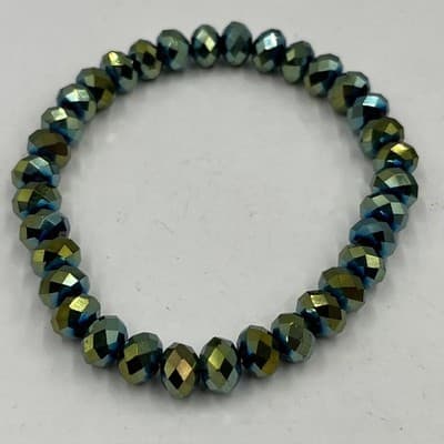 Vintage Iridescent Peacock Beaded Stretch Bracelet Set Teal Green Crystal Charm - Thumbnail 3