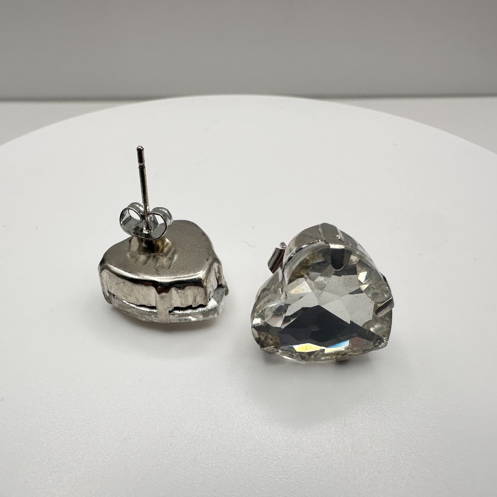 Vintage 90s Silver Tone Large Clear Heart Glass Stud Earrings Retro Jewelry - Thumbnail 13