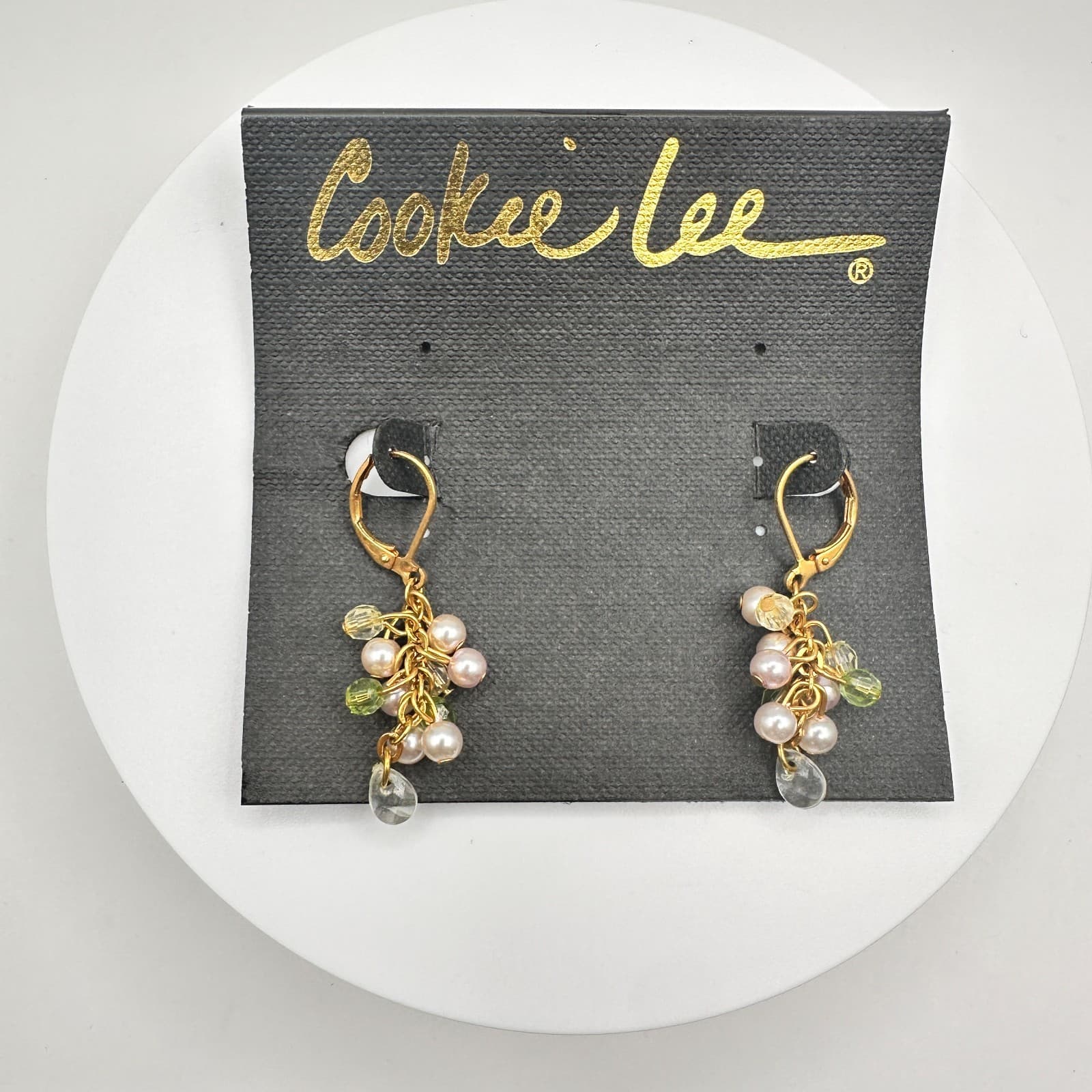 Vintage 90s Cookie Lee Pearl & Glass Cluster Dangle Gold Tone Earrings Jewelry - Image 1