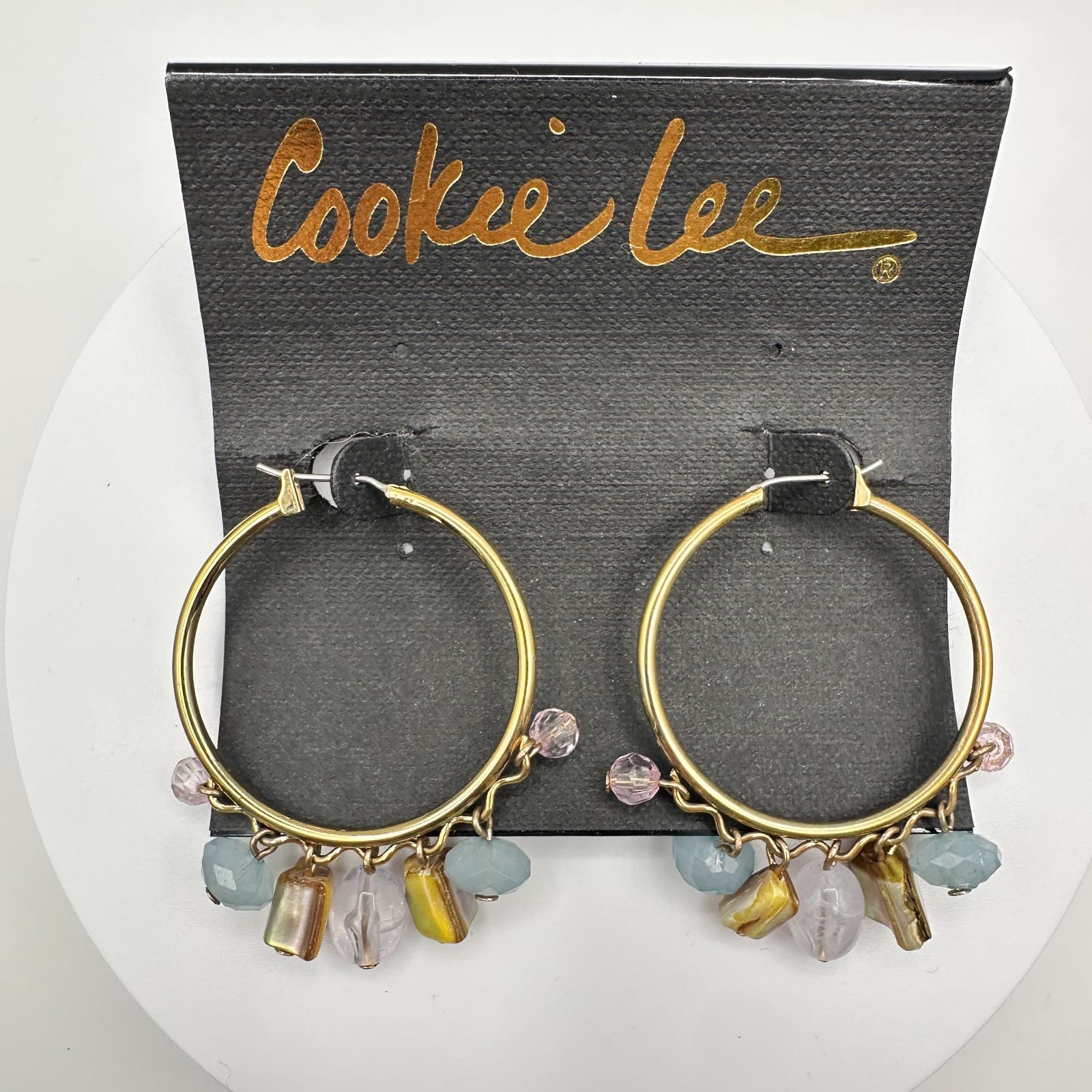 Vintage 90s Cookie Lee Gold Tone Hoop Earrings Multi-Colour Beads Ring Jewelry - Image 1