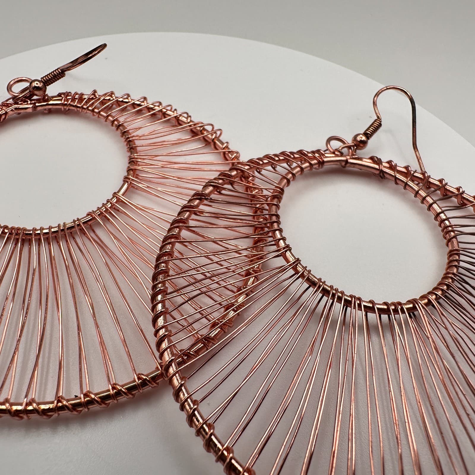 Vintage 90s Rose Gold Tone Wire Wrapped Large Round Hoop Dangle Earrings Boho - Thumbnail 10