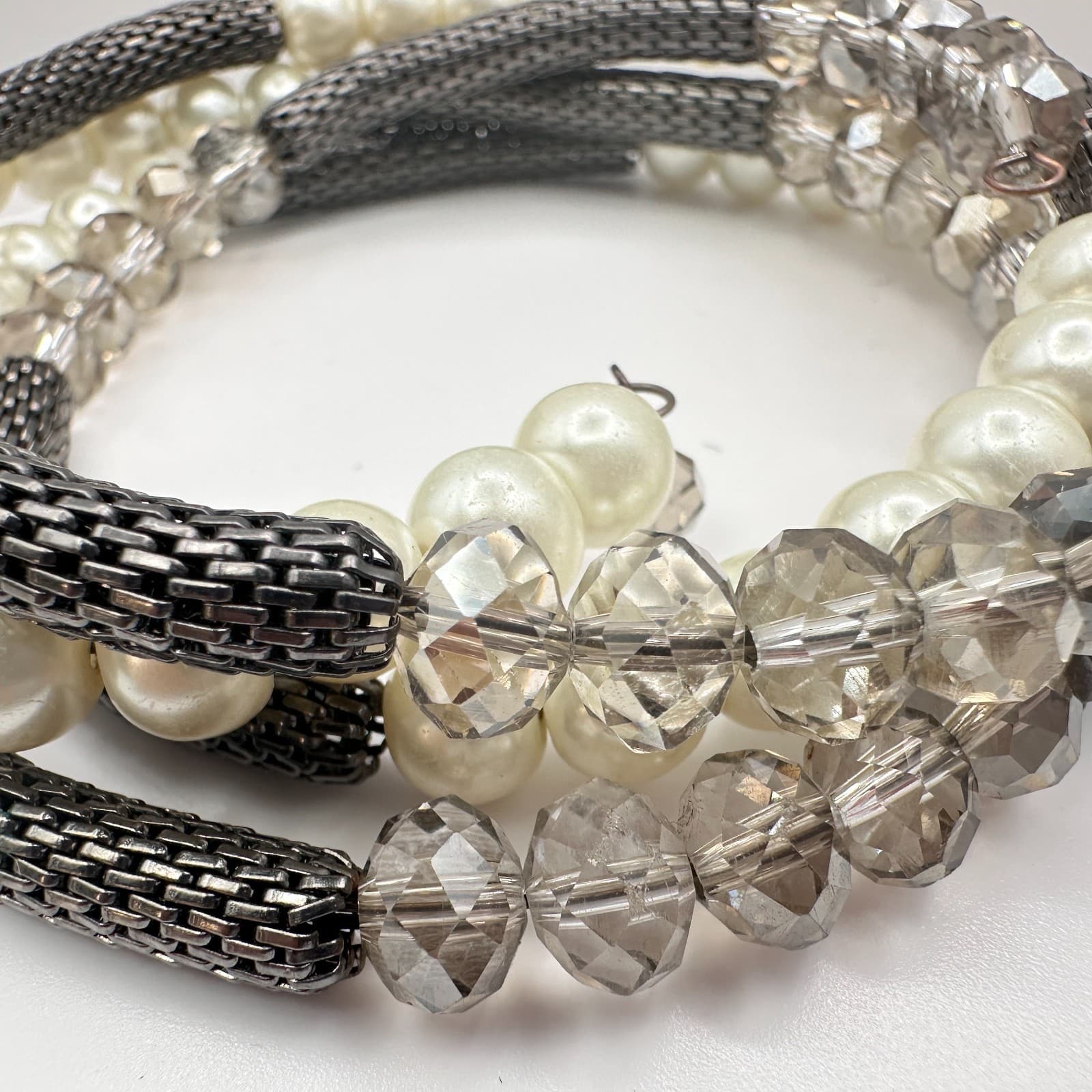 Vintage 90s Mixed Media Wrap Bracelet Pearl Glass Gunmetal Mesh Boho Statement - Thumbnail 7