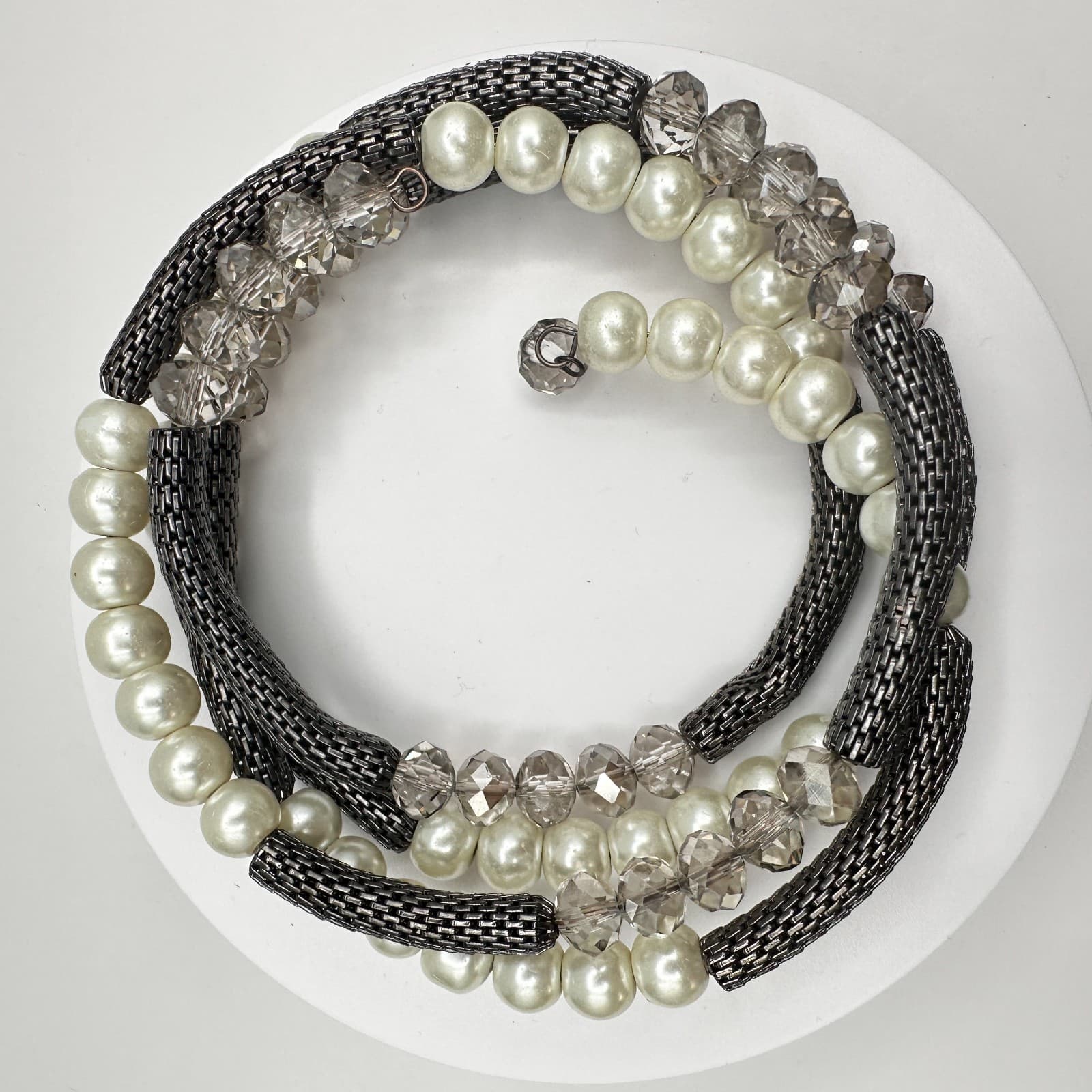 Vintage 90s Mixed Media Wrap Bracelet Pearl Glass Gunmetal Mesh Boho Statement - Thumbnail 9